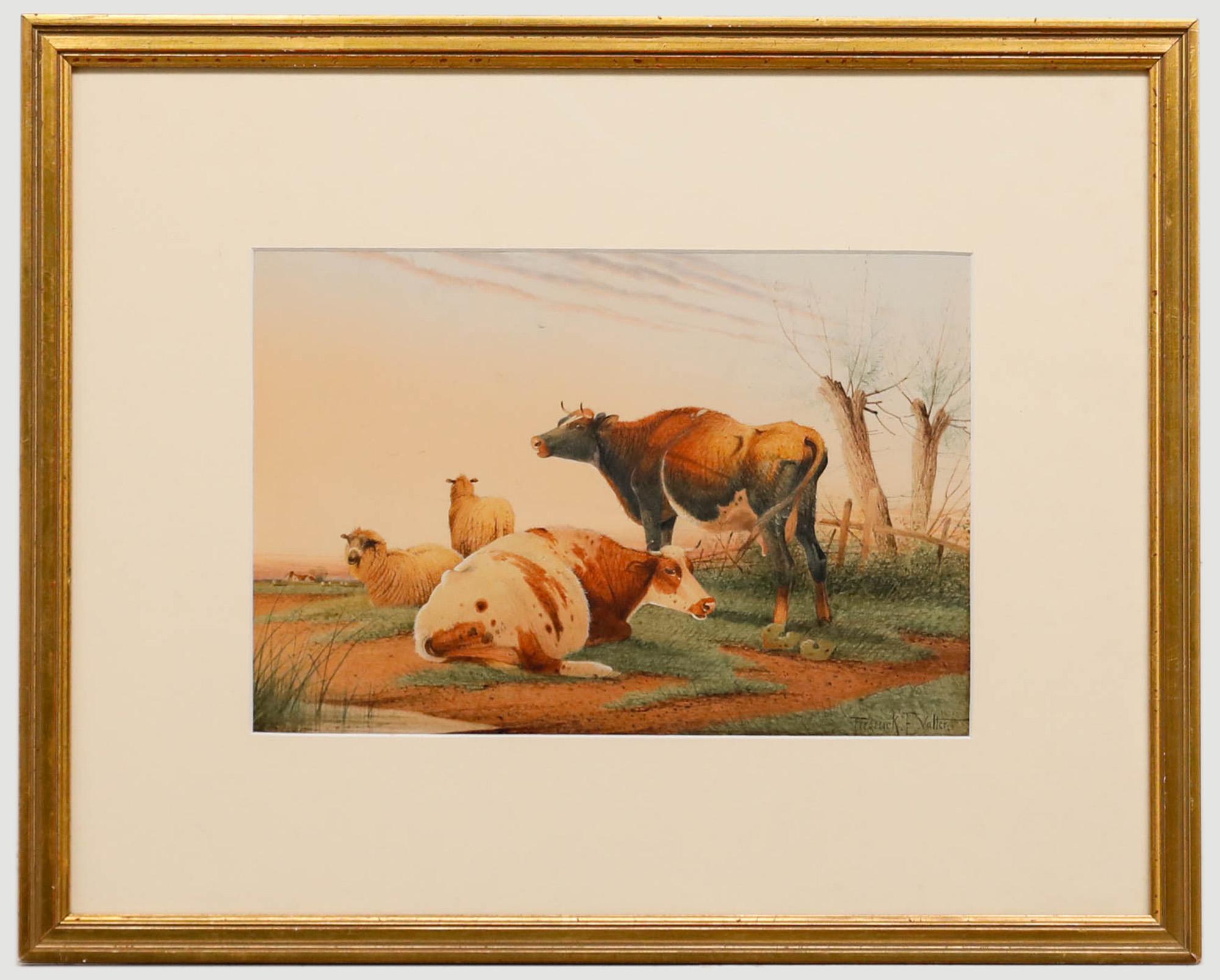 Frederick E. Valter (1860-1930) - Aquarelle encadrée, Visons dans un paysage