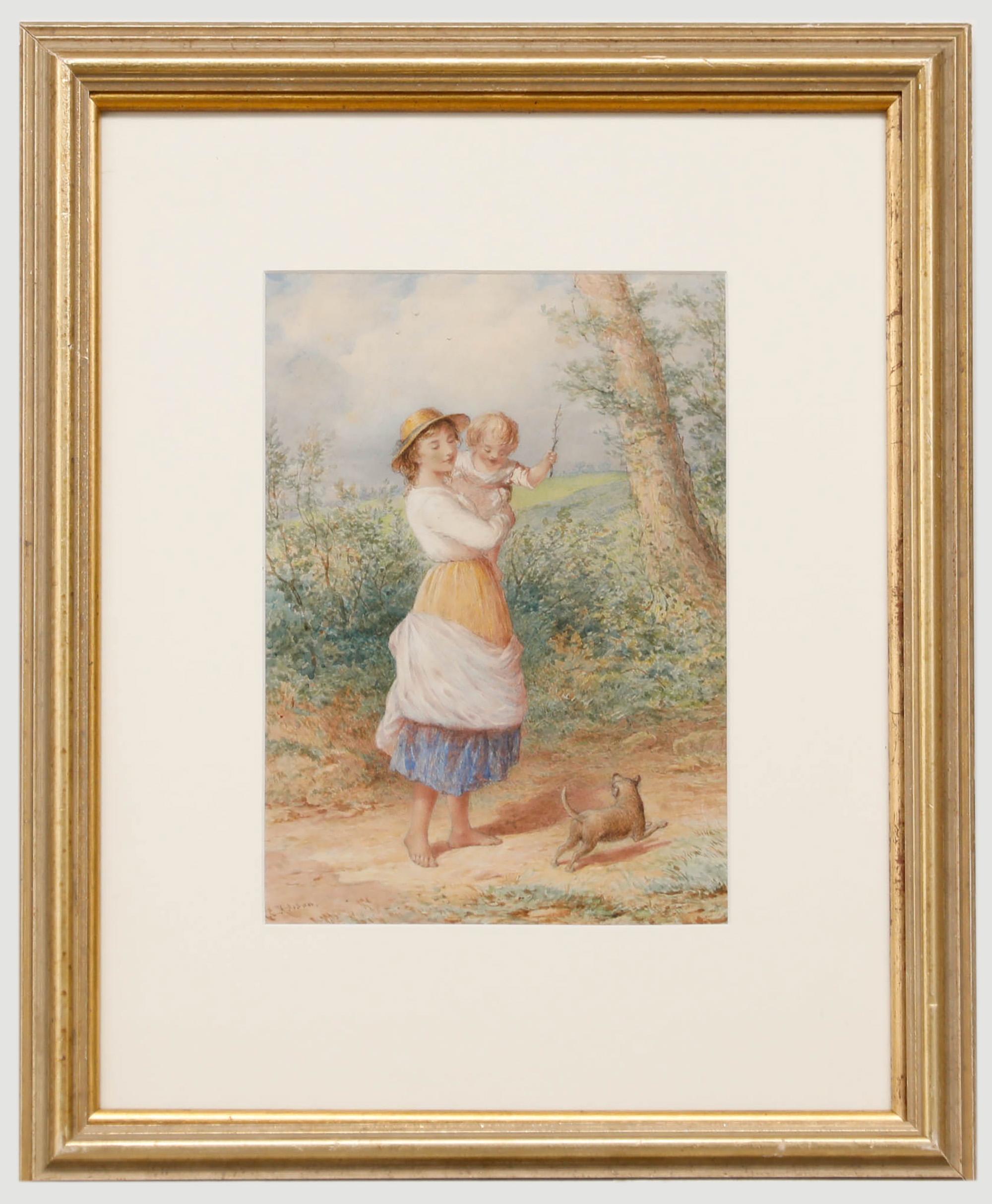 Henry E Hobson (fl. 1857-1866) - Framed Watercolour, Playing Fetch