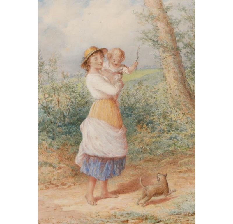 Henry E Hobson (fl. 1857-1866) - Aquarelle encadrée, Playing Fetch - Art de Henry Edrington Hobson