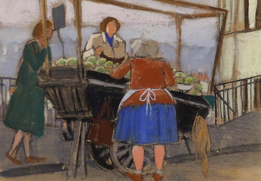 Georges Pacouil (1903-1996) - Gerahmte Gouache-Obstwagen aus der Mitte des 20. Jahrhunderts, The Fruit Cart – Art von Unknown