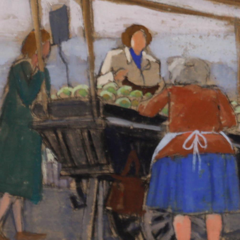 Französische Obstverkäufer in Gouache. Präsentiert in einem vergoldeten Rahmen. Nicht signiert. (Provenienz: Verkauf eines Künstlerstudios). Auf dem Papier.