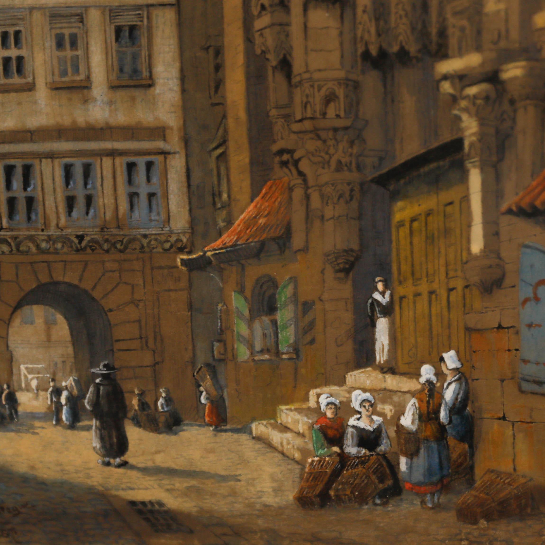Thein Church with figures walking the cobbled streets of Prague. Watercolour with bodycolour. Well presented in a lime-washed frame and wash-line mount. Inscribed to the lower left and dated 1887. Indistinctly signed. On paper.
