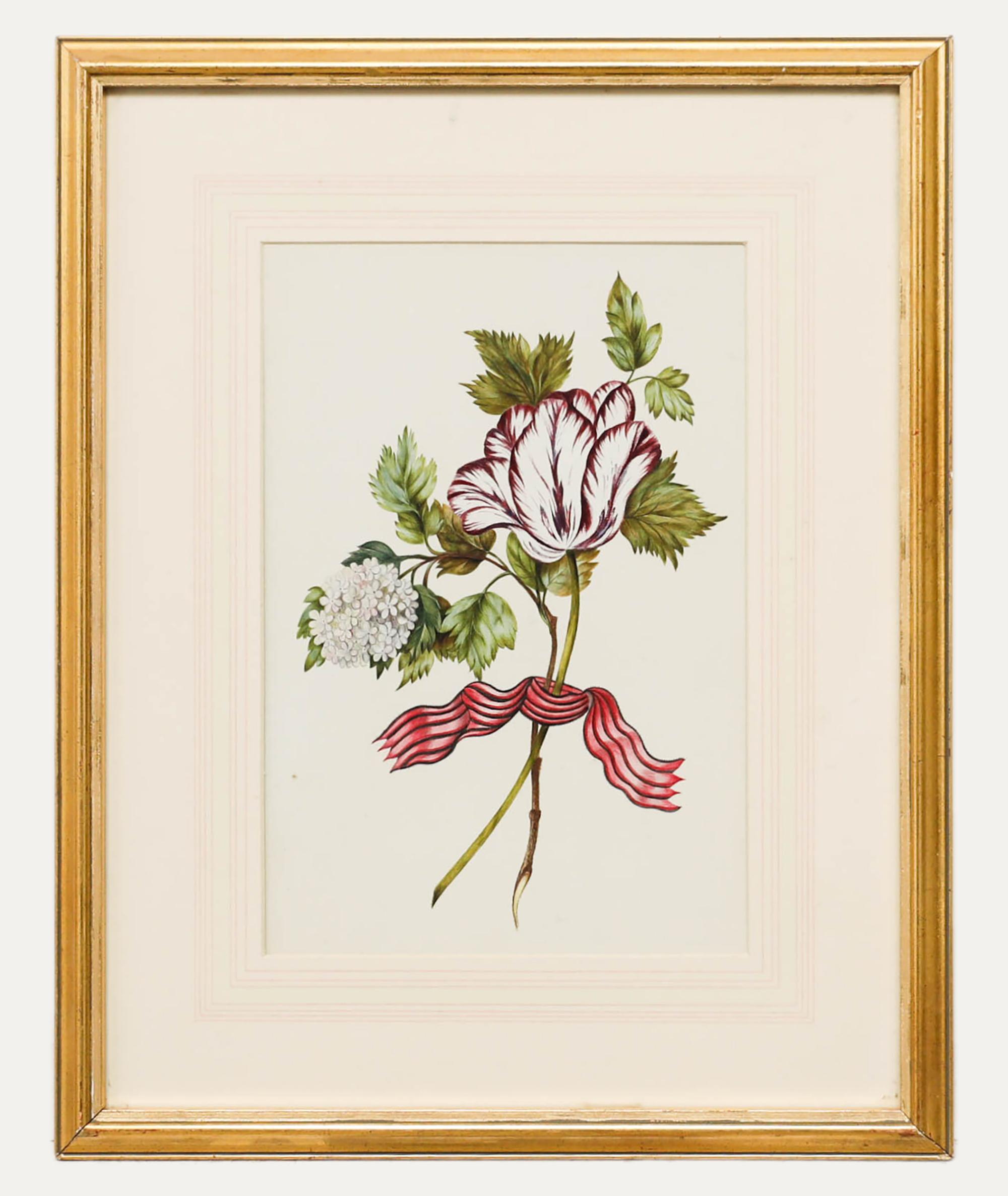 Unknown Still-Life – Aquarell des 19. Jahrhunderts – Papagei-Tulpen Posy