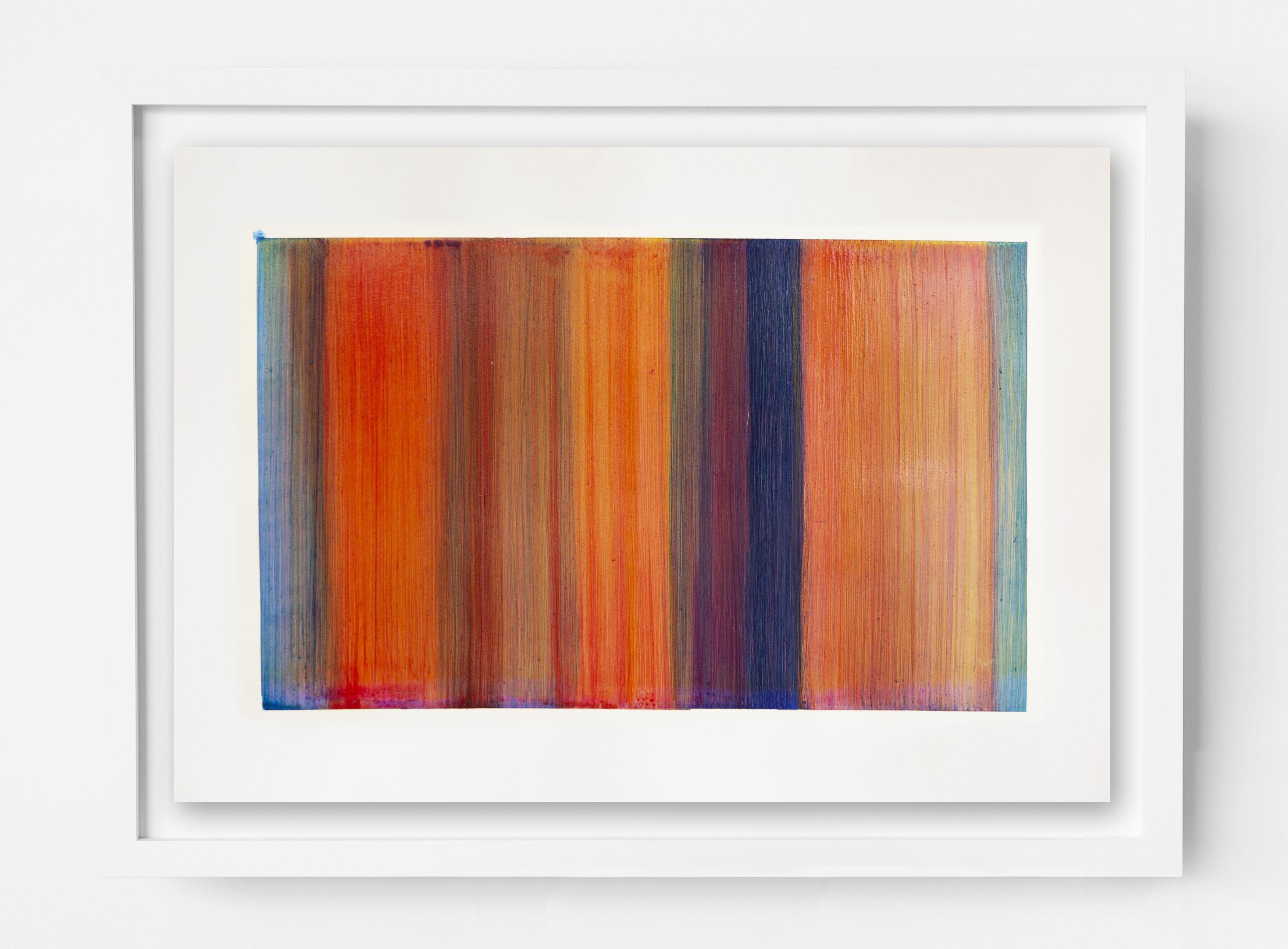 All these series is about how the colour floods the upper space of the support, the line becomes a pure chromatic manifestation, it ceases to be the object to become a medium. The lower white field balances the outburst of colour and the white lines