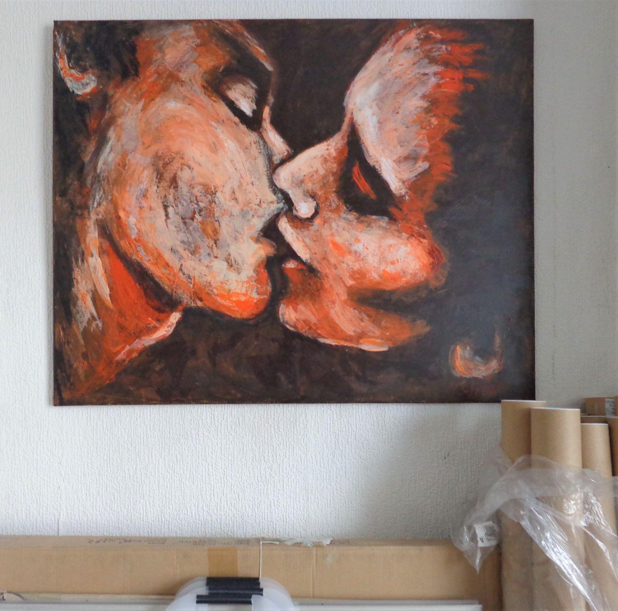 Original contemporary figurative acrylics and oils painting on stretched canvas, painted edges and ready to hang. Frame is optional. Part of the series of Lovers portraits, romantic image of a man and woman kissing. Use of warm colours applied in