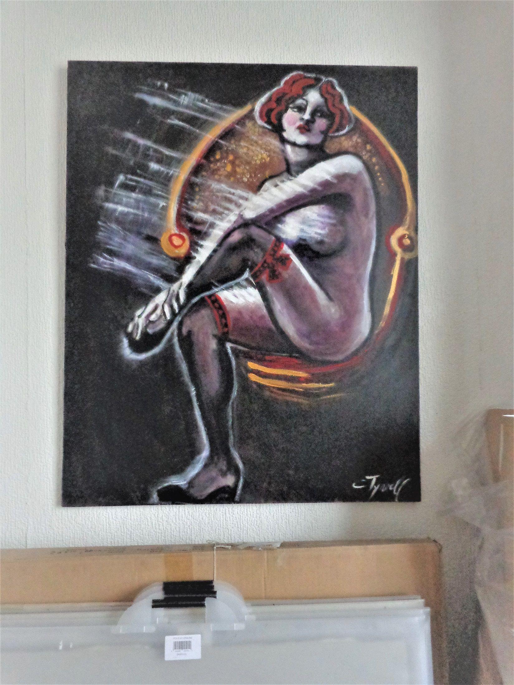 Peinture Art Déco figurative contemporaine originale sur toile, bords peints et prête à être accrochée.  Le cadre est recommandé. Peinture multicolore utilisant des huiles et des acryliques avec de l'acrylique doré.  Image d'une femme nue art déco