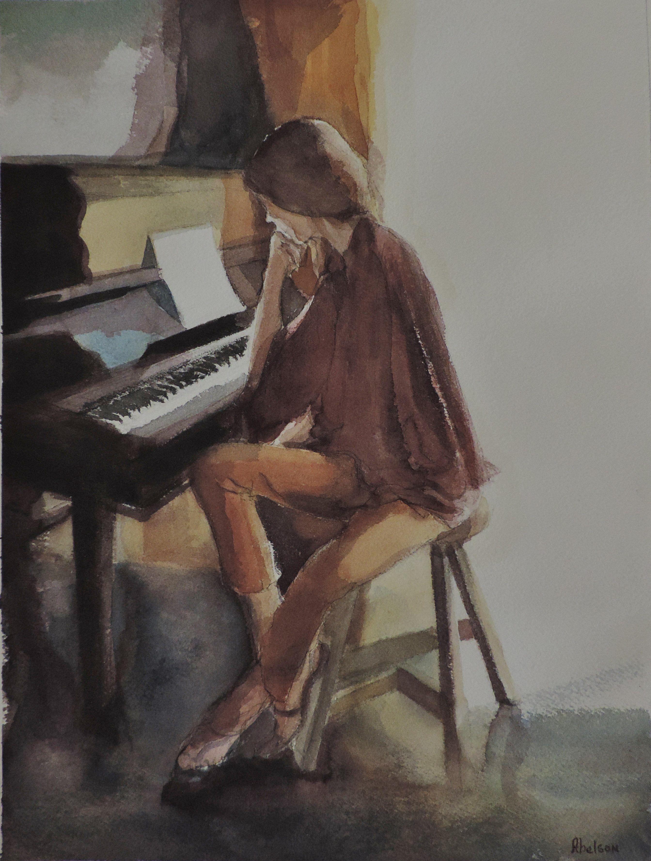 JUNE PIANO, Painting, Watercolor on Watercolor Paper - Art by David Abelson