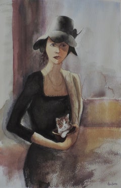 LADY AND KITTEN, Painting, Watercolor on Watercolor Paper