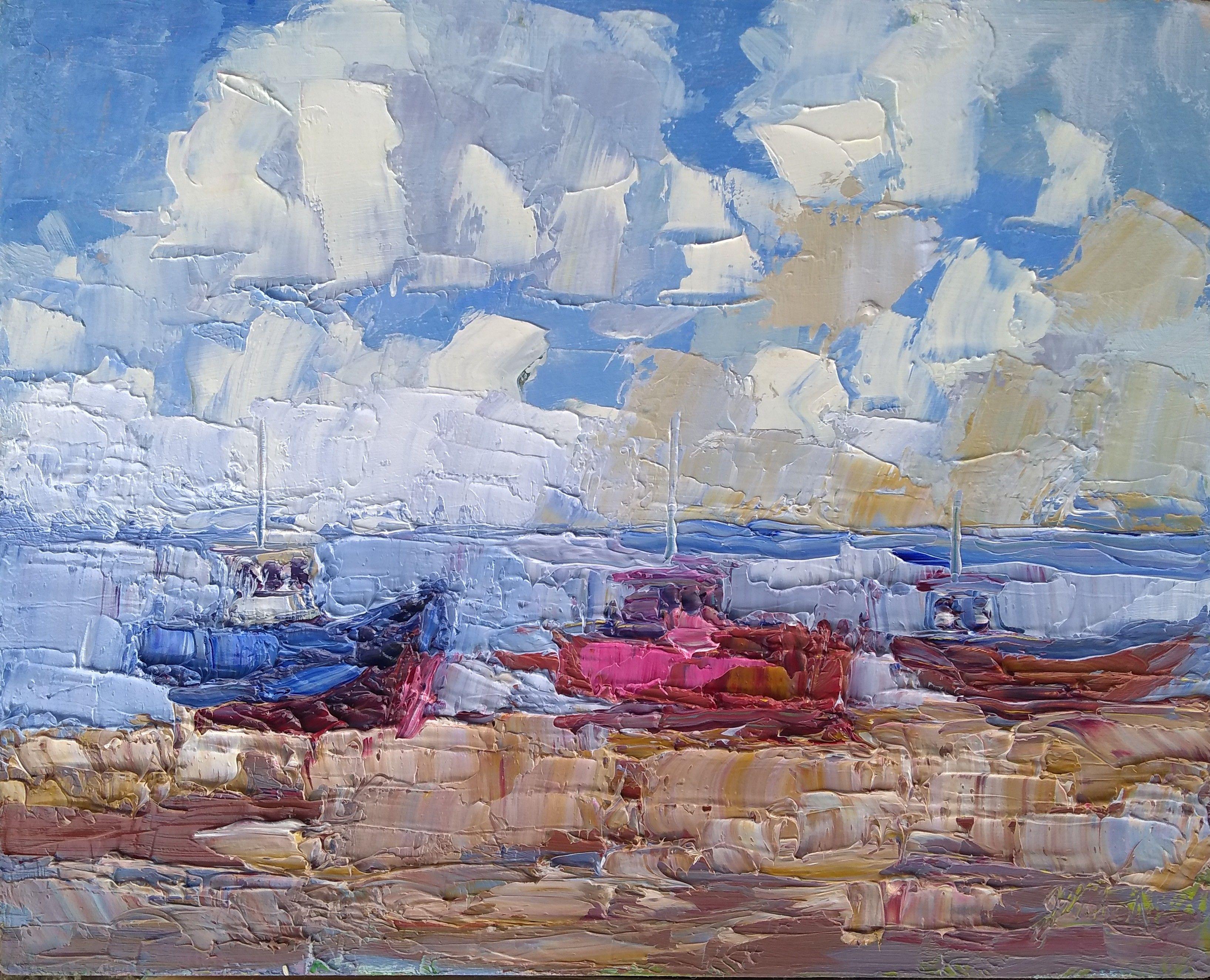 Boats on the beach at Hastings UK. Oil on linen panel 8x10x0.25 ins :: Painting :: Impressionist :: This piece comes with an official certificate of authenticity signed by the artist :: Ready to Hang: No :: Signed: Yes :: Signature Location: Bottom