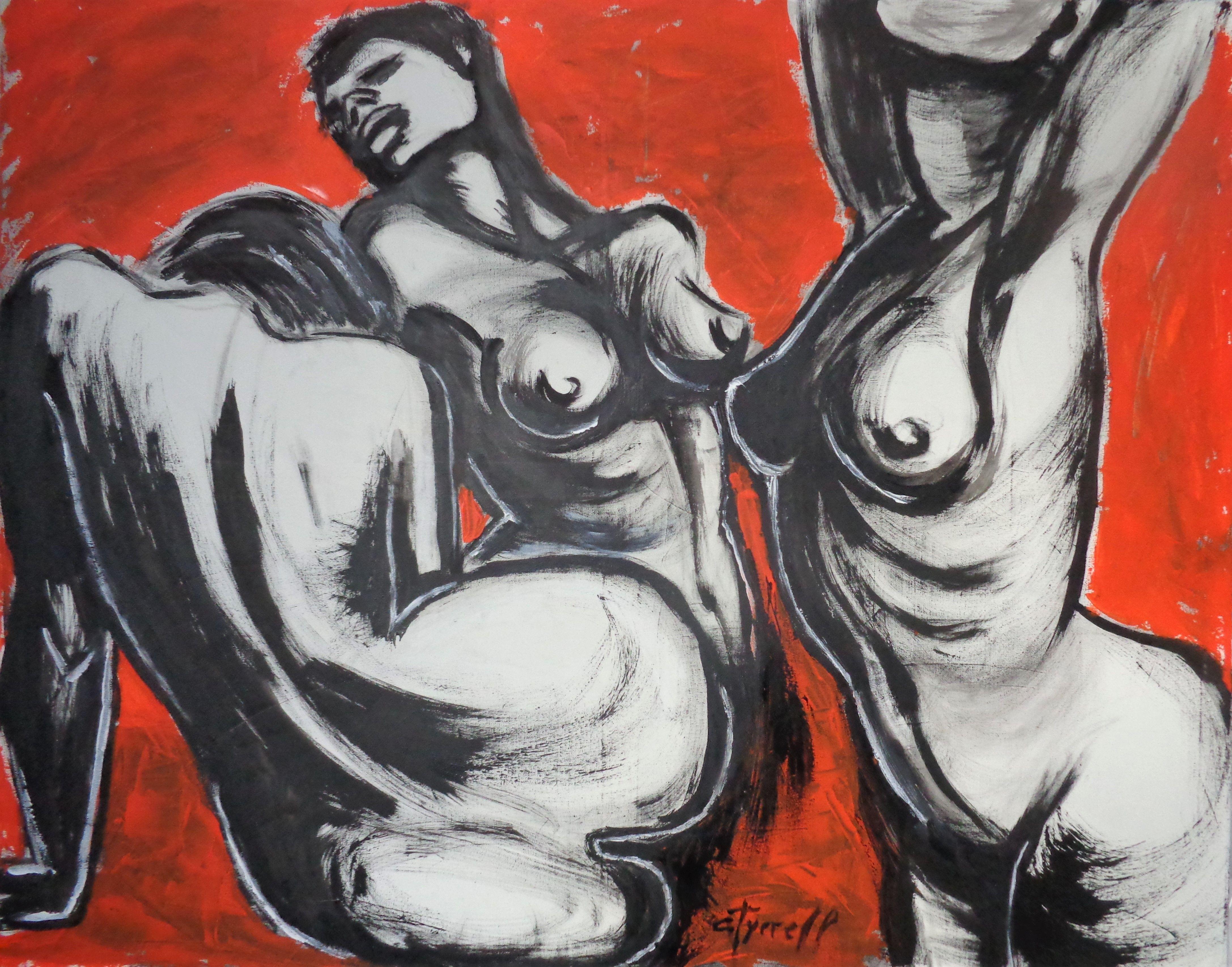 Three Graces With Red Curtain, Painting, Acrylic on Canvas