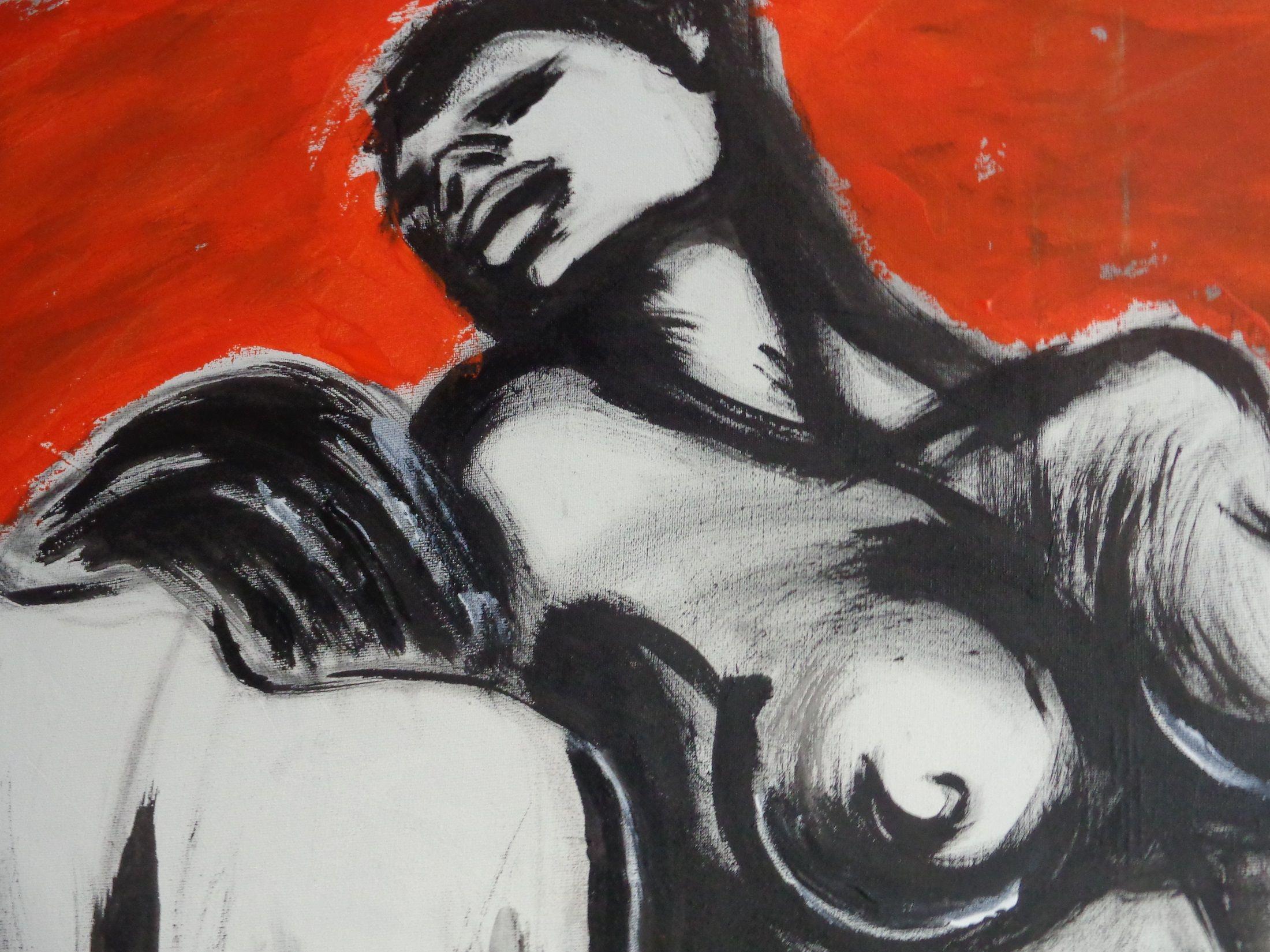 Trois Grâces avec un rideau rouge, peinture, acrylique sur toile - Contemporain Painting par Carmen  Tyrrell