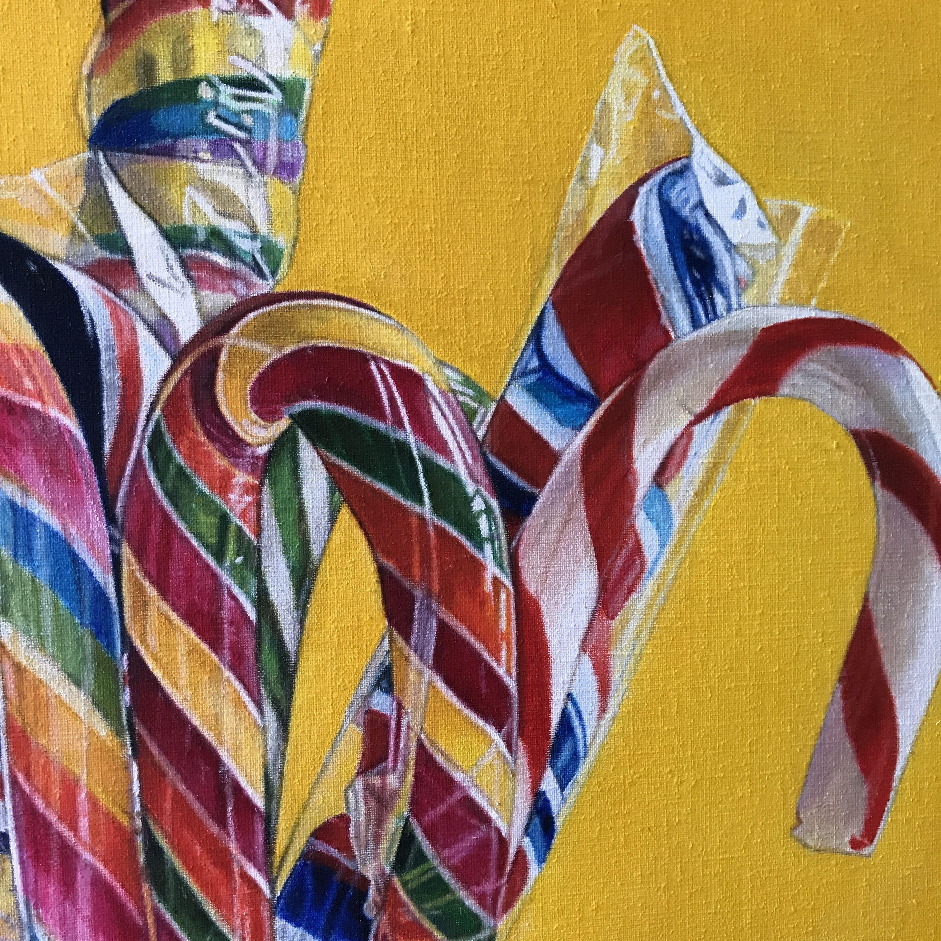 Candy-canes in a blue vase on a yellow background  Several layers of paint  Hanging hardware is provided :: Painting :: Photorealism :: This piece comes with an official certificate of authenticity signed by the artist :: Ready to Hang: No ::