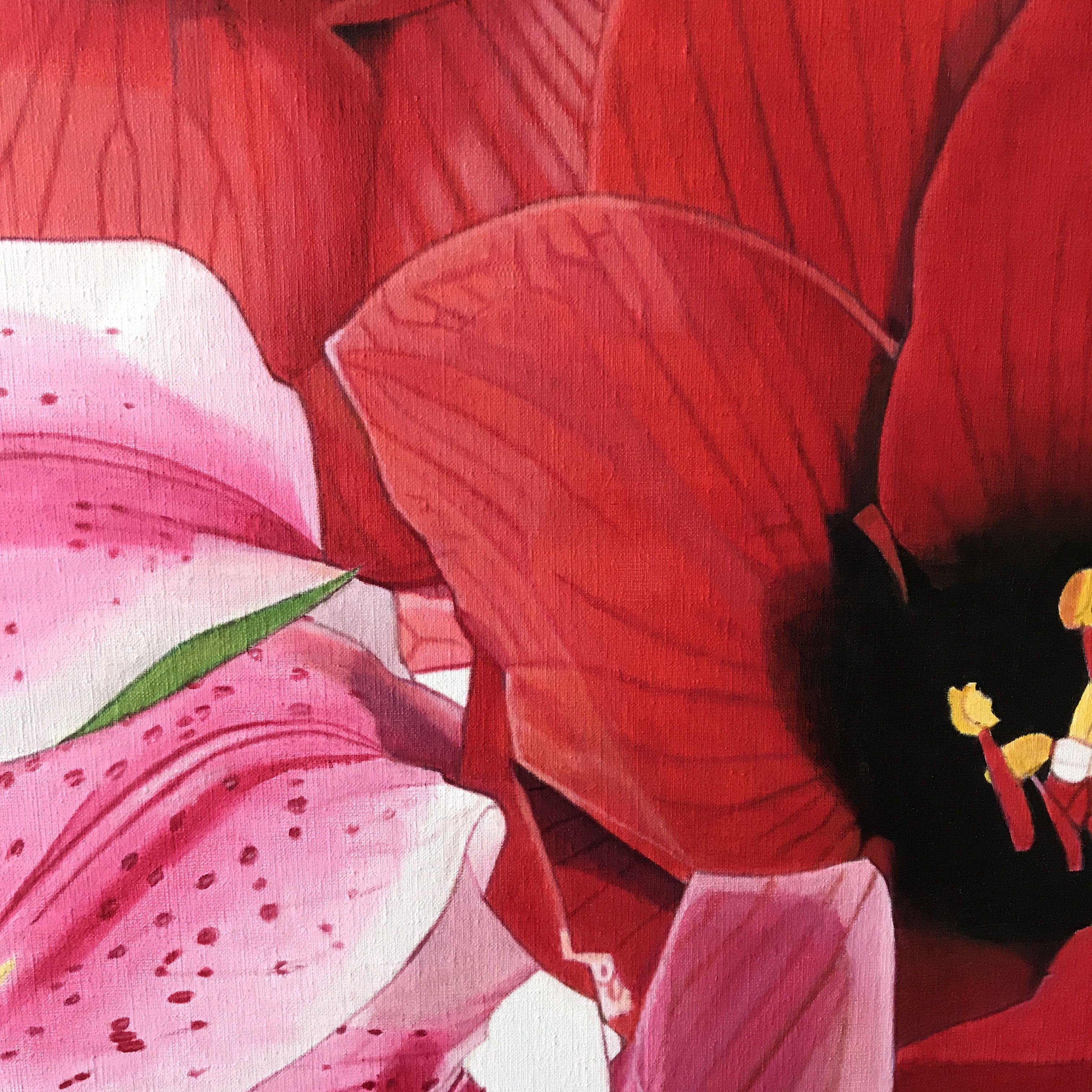 Blumen auf weißem Hintergrund  Mehrere Farbschichten  Aufhängebeschläge werden mitgeliefert :: Malerei :: Fotorealismus :: Dieses Werk wird mit einem offiziellen, vom Künstler unterzeichneten Echtheitszertifikat geliefert :: Fertig zum Aufhängen: