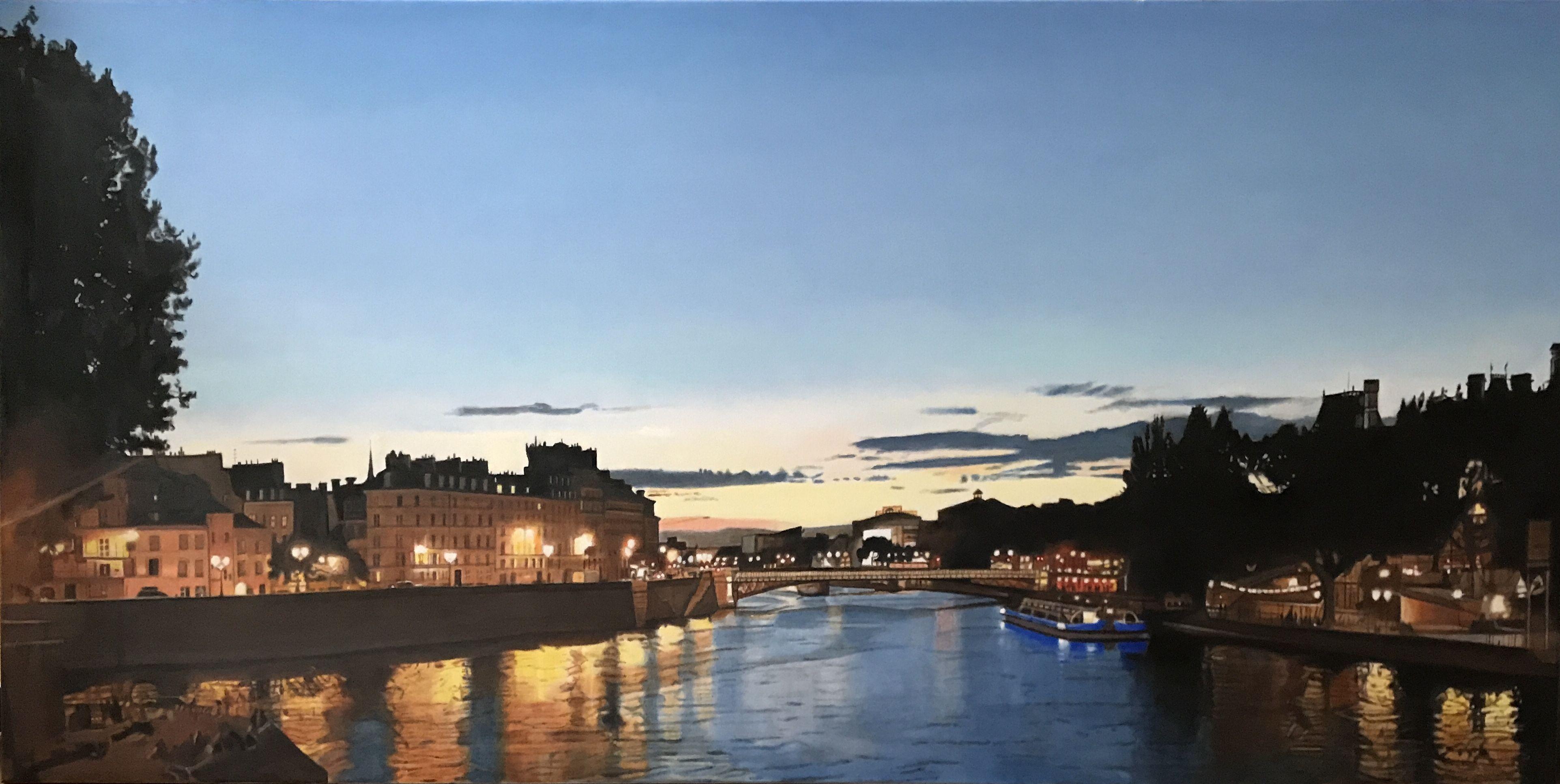 A view of the river Seine in Paris at sunset.   Several layers of paint on a fine canvas :: Painting :: Photorealism :: This piece comes with an official certificate of authenticity signed by the artist :: Ready to Hang: No :: Signed: Yes ::
