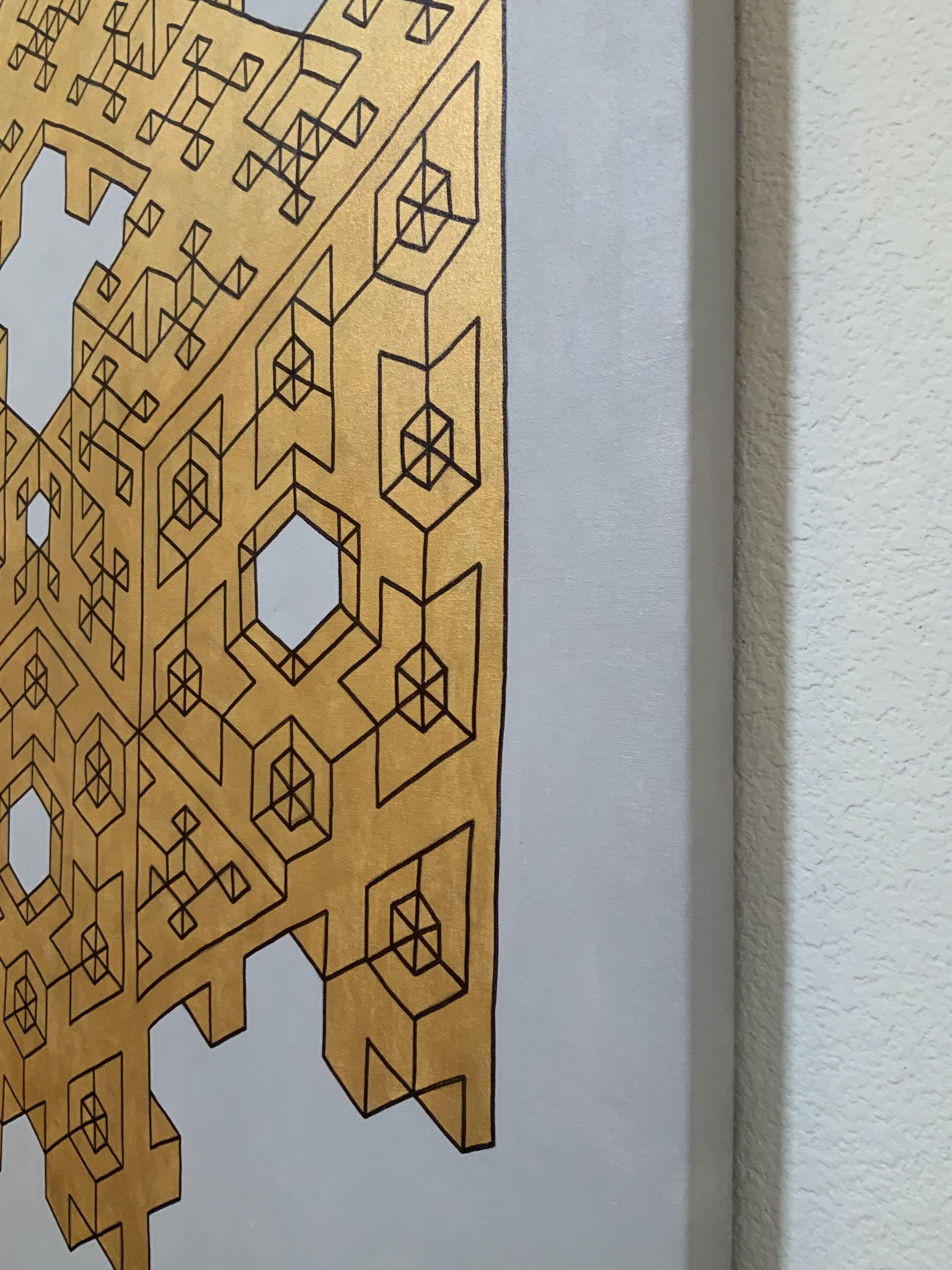 Custom built wooden frame and hand stretched canvas. This original geometric canvas painting is inspired from and directly related to my Origami Sculptures. The end result is an engineered design that is built with the forms of one of my cubic