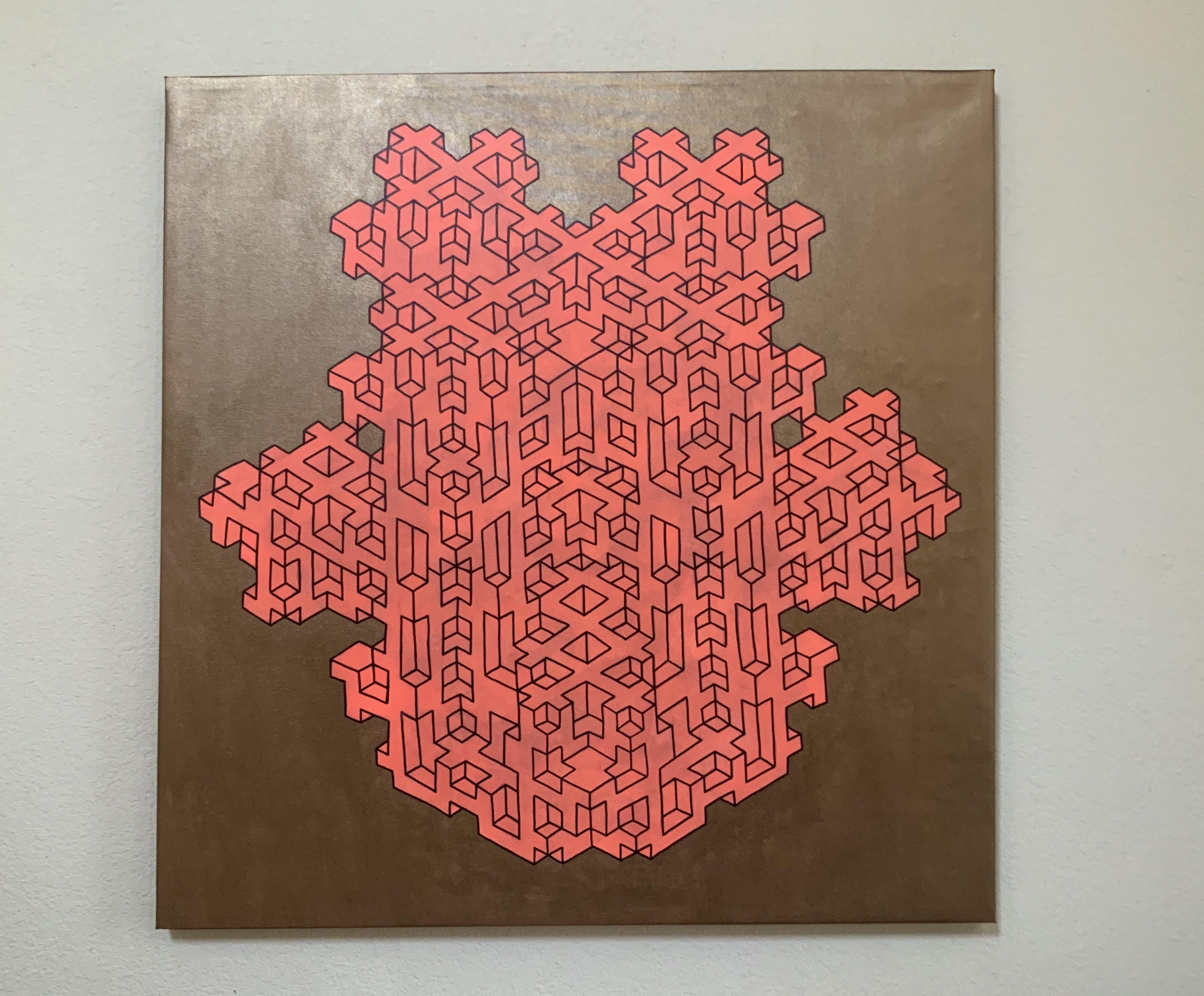 Custom built wooden frame and hand stretched canvas. This original geometric canvas painting is inspired from and directly related to my Origami Sculptures. The end result is an engineered design that is built with the forms of one of my cubic