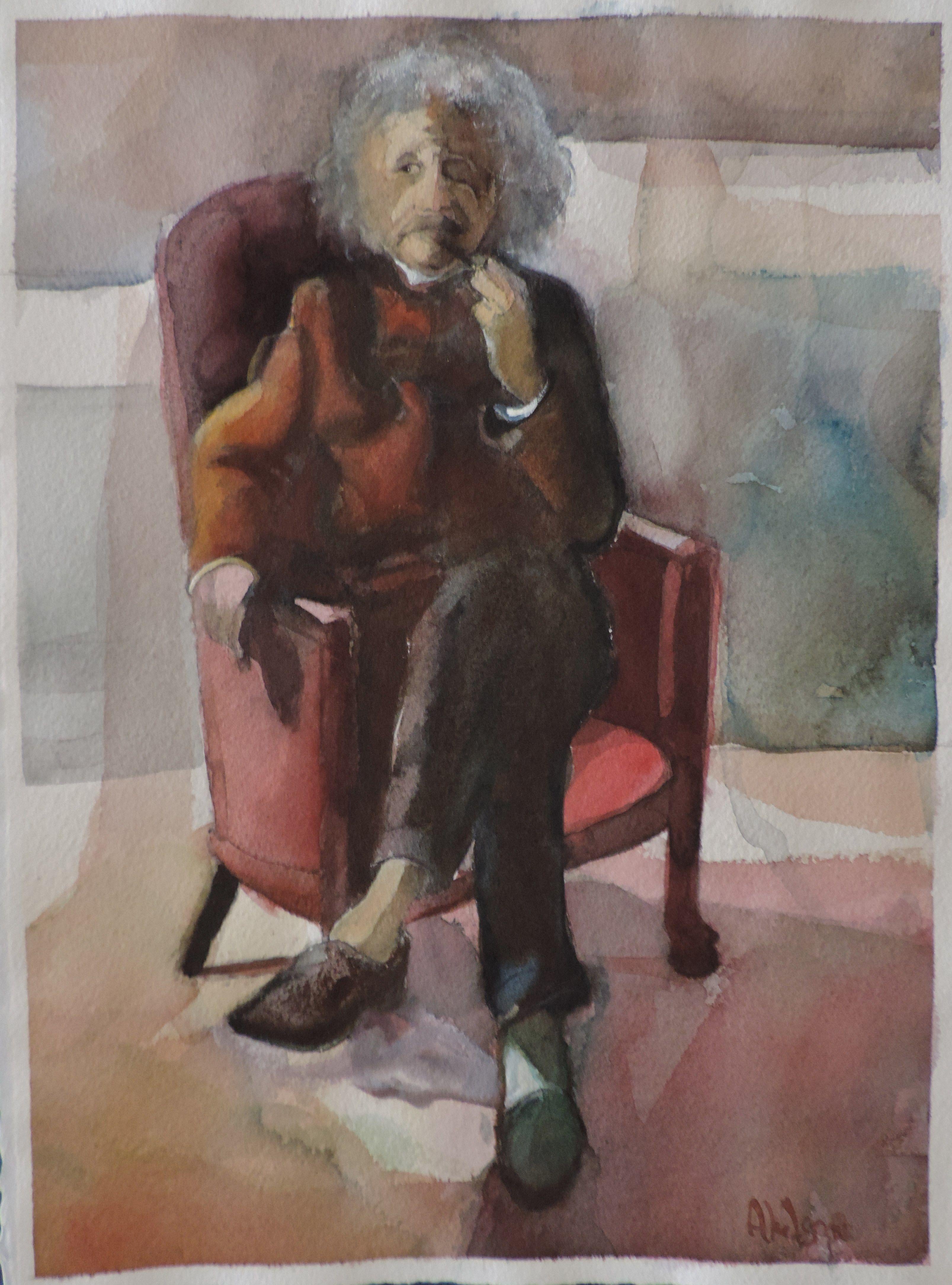 Einstein, Painting, Watercolor on Watercolor Paper - Art by David Abelson