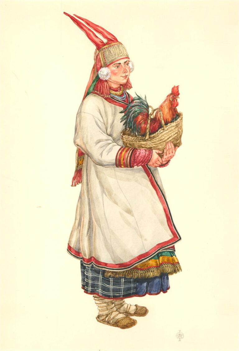 Inscription on the reverse reads 'Peasant woman in festive costume of the Tambor Province, late 19th century.' The artwork is also neatly monogrammed, signed, and dated. Well presented in a teal mount. On wove.

