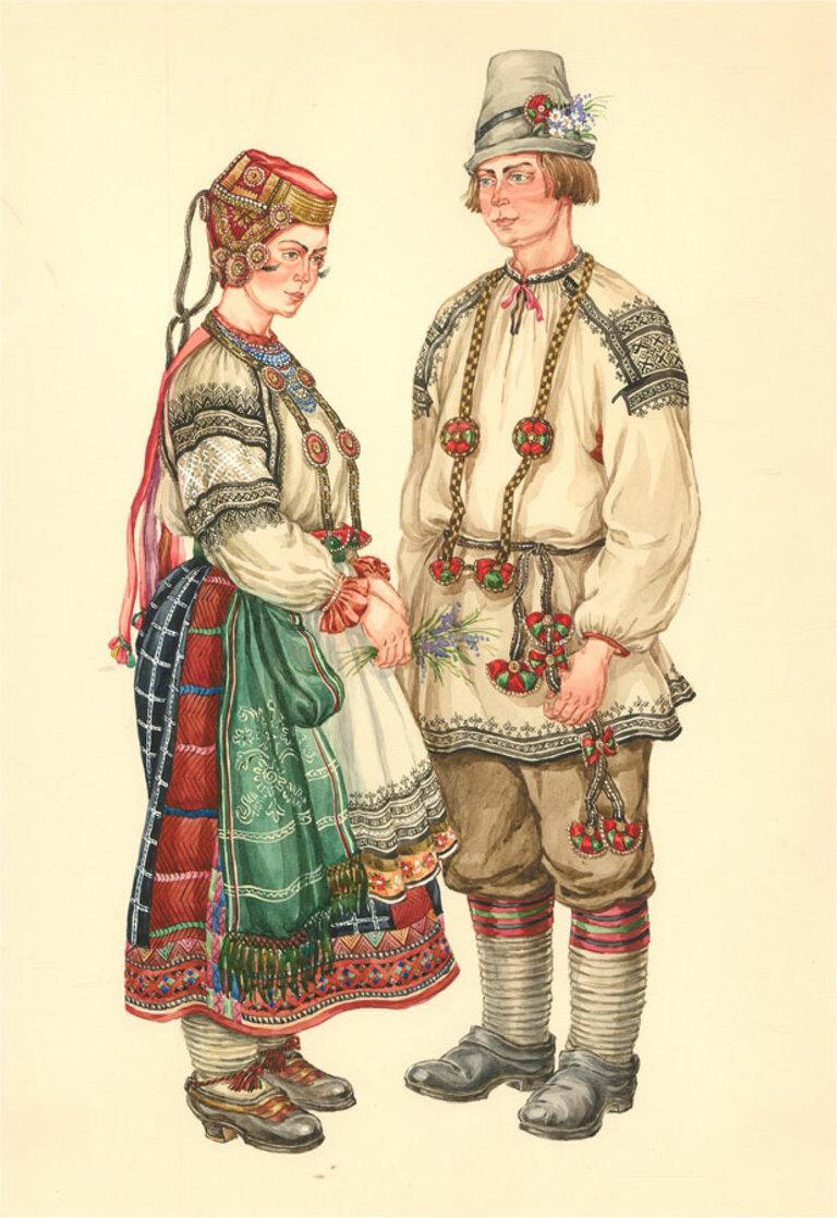 Inscription on the reverse reads 'Peasant boy and girl in festive costumes from Voronezh Province, second half of the 19th century.' The artwork is also neatly monogrammed, signed, and dated. Well presented in a teal mount. On wove.
