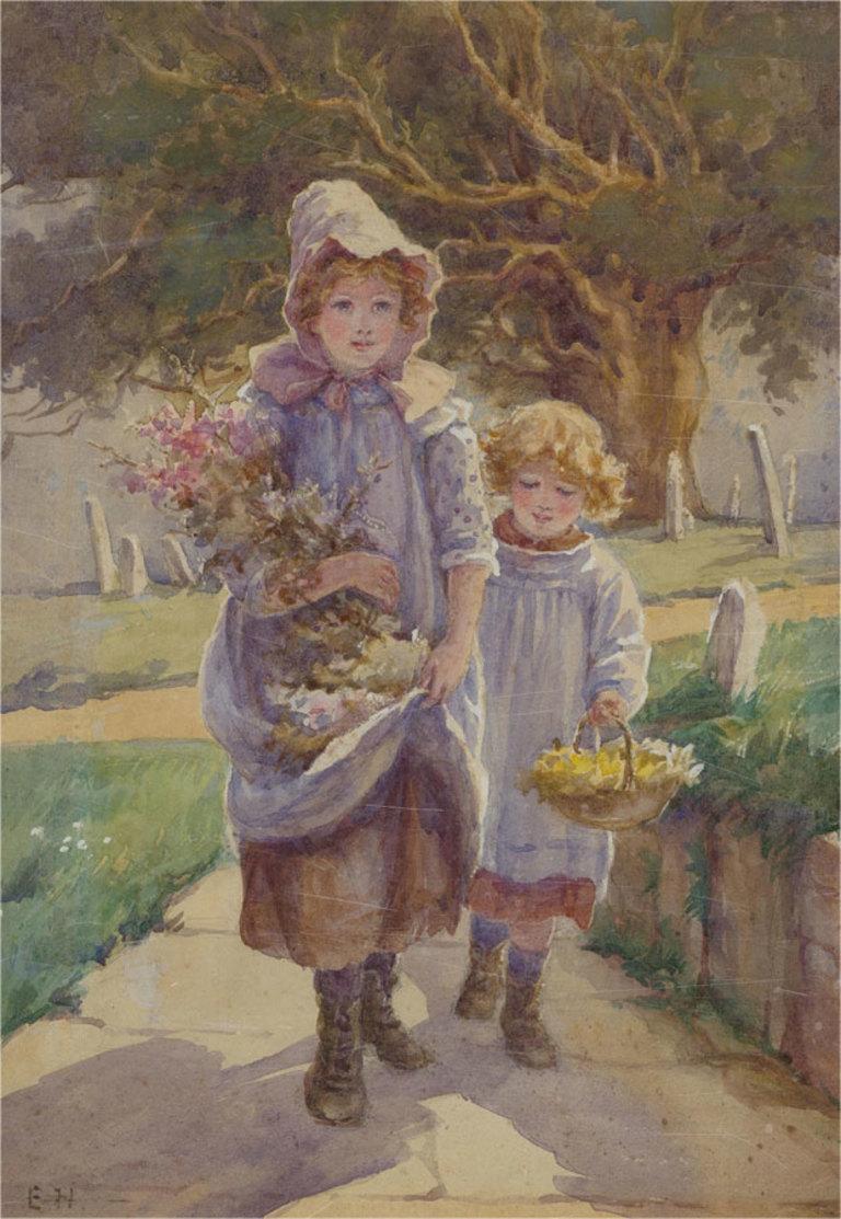 Attrib. Edith Hume (1843-1906) - Watercolour, Girls and Their Flowers - Art by E.H.