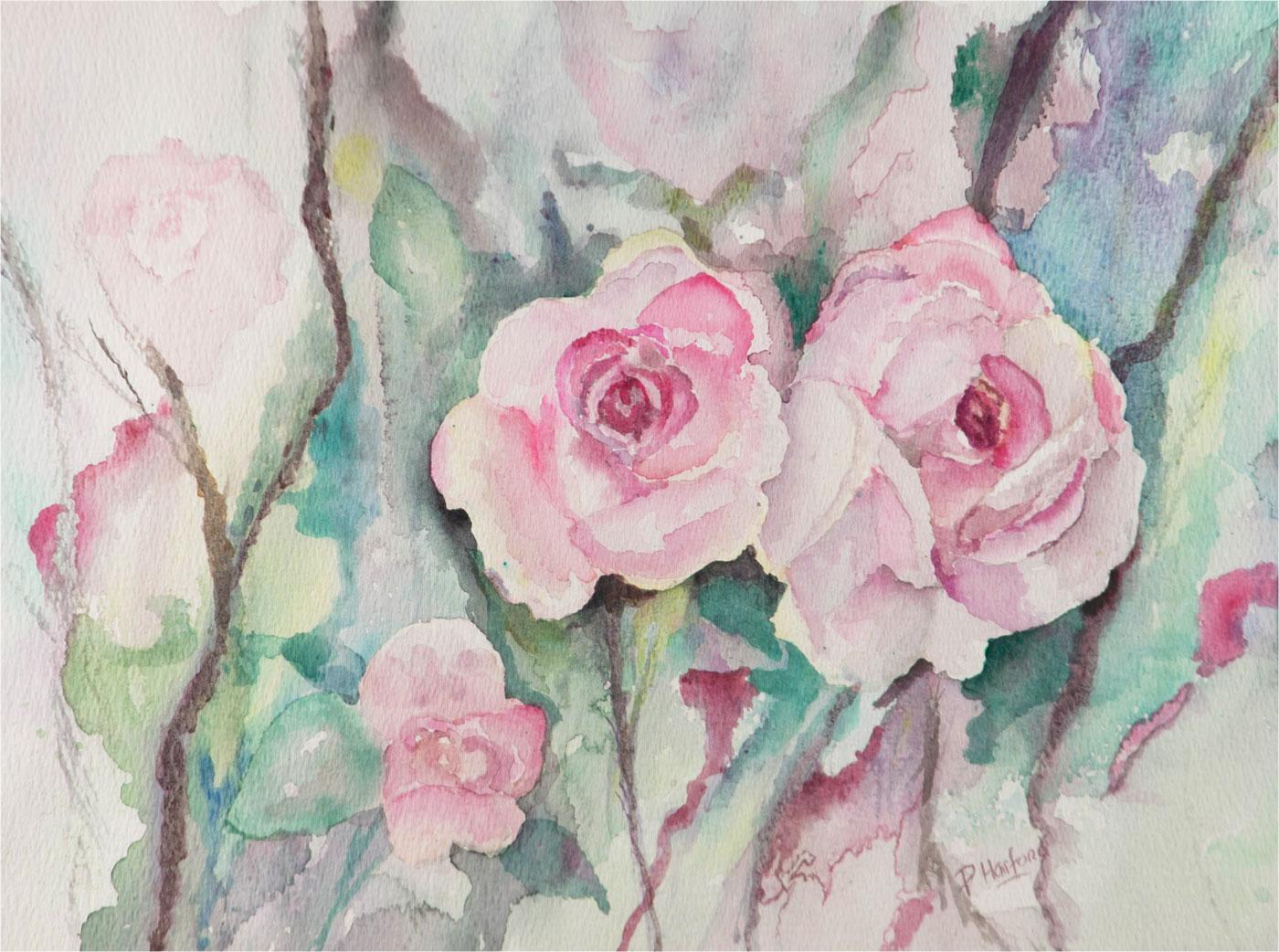 Patti Harford - Contemporary Watercolour, Pink Roses For Sale 1