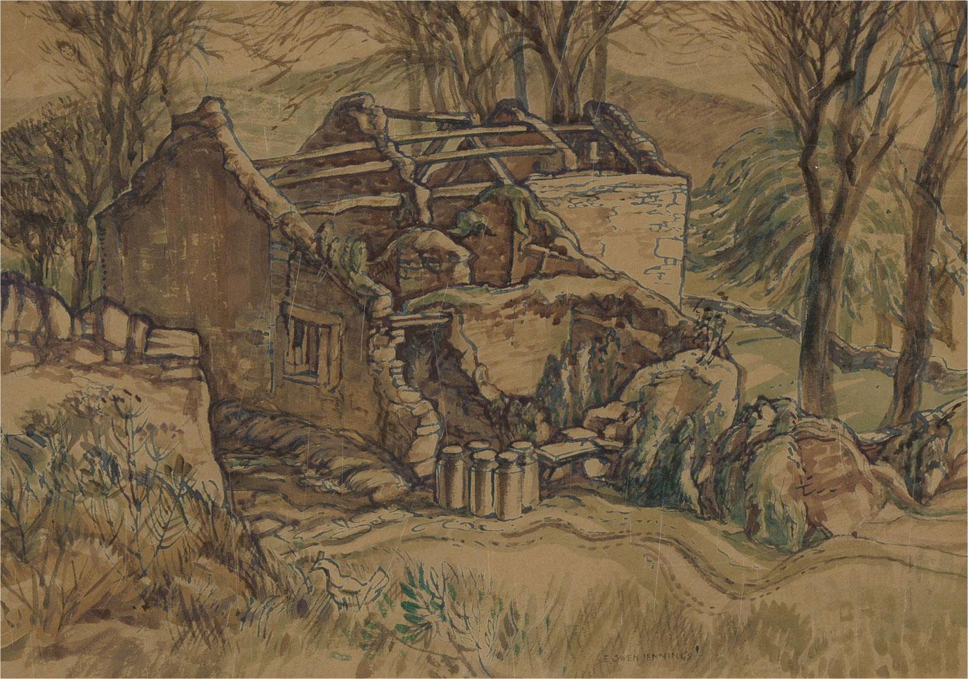 A characterful watercolour showing the ruin of an old dairy with milk churns lined up outside. The ruin is surrounded by trees and a chicken wanders the foreground. The painting has been signed at the lower edge. The painting has been presented in a