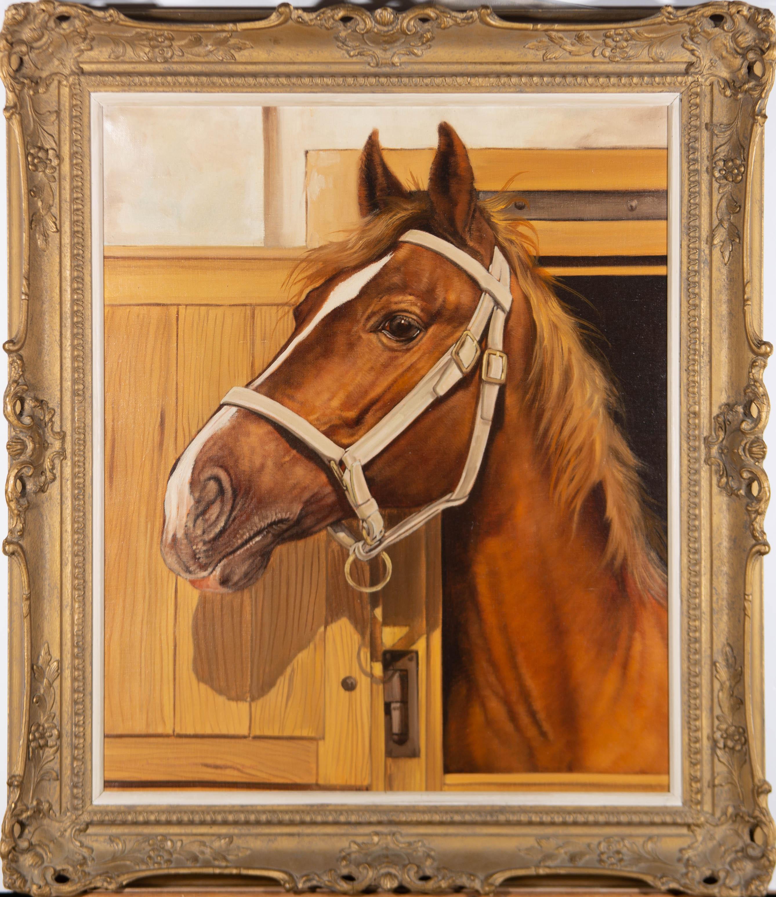 A finely painted study of a horse at a stable door by Osvald Hinteregger (b.1920). With W. Cutler, Fine Art Dealer invoice dated 1974 fixed to the reverse. Well presented in an ornate gilt effect frame. Unsigned. On canvas on stretchers.
