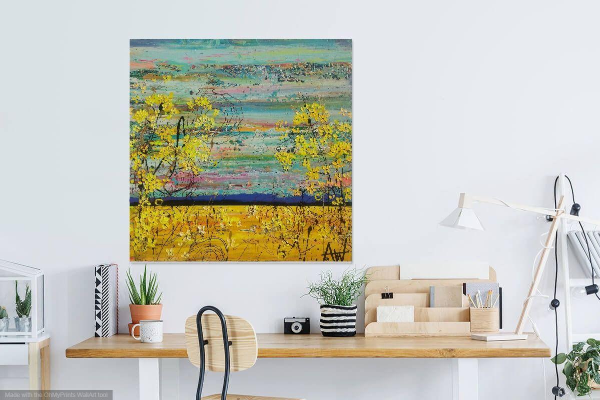 Yellow Flower Fields oil, acrylic and enamel on canvas 80 x 80 x 3 cm  Yellow flowers reaching up to the sky. They fill my vision. Summer haze and thunderstorms. Yellow. Blue. Summer. The Canola Fields stretch across the landscape to the horizon...I
