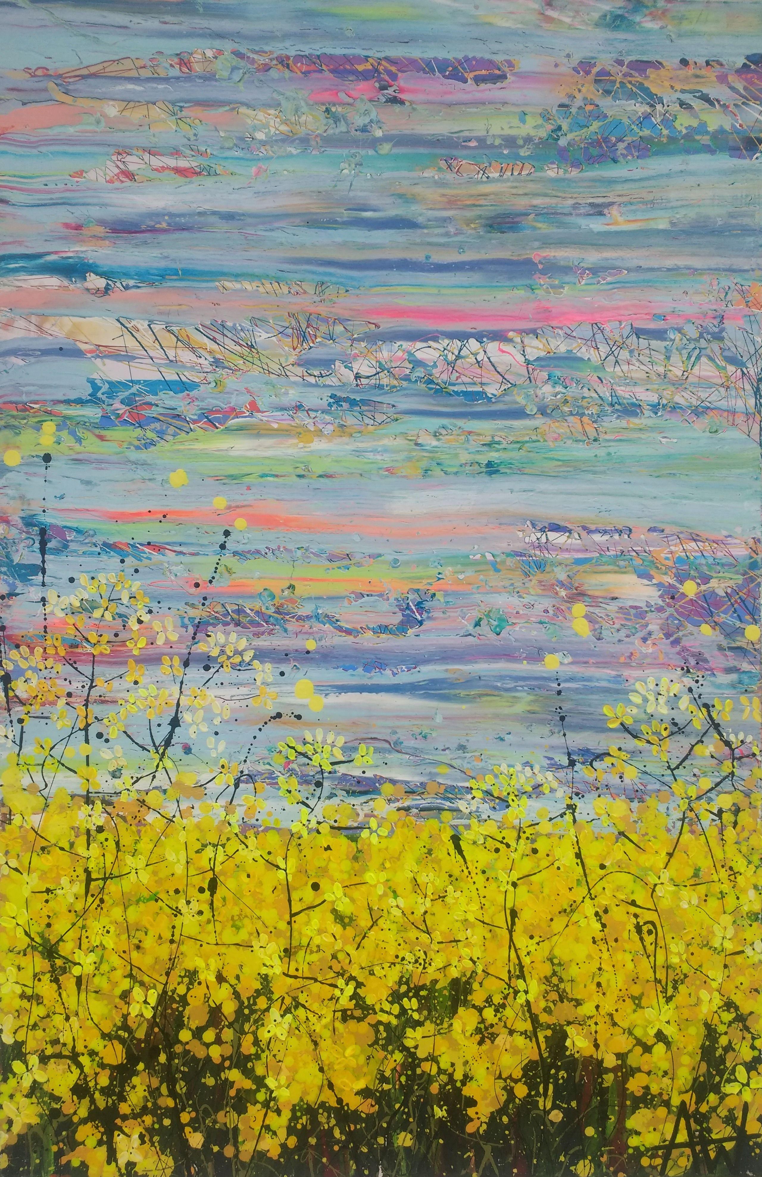 Mustard Field, acrylic and enamel on canvas 75 x 115 x 2 cm  Mustard Fields reaching up to the sky. Yellow flower heads touching deep blue skies. They fill my vision. Summer haze and thunderstorms. Yellow. Blue. Summer. The Mustard Fields stretch