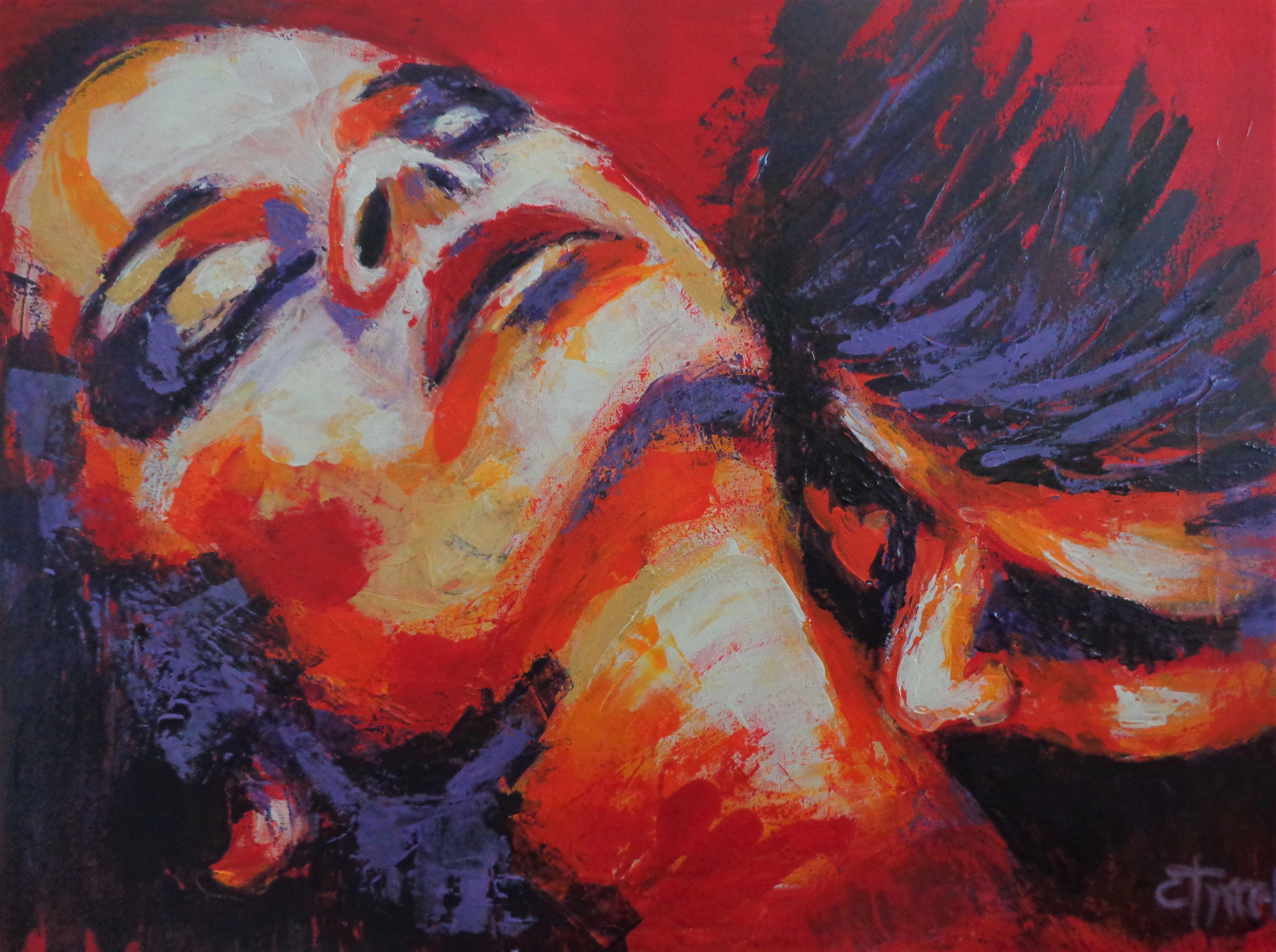 Original contemporary figurative acrylics painting on canvas, painted edges and ready to hang. Frame is optional. Part of a series of romantic and sensual lovers close-up portrait in red main colour. Colourful and textured painting using the palette