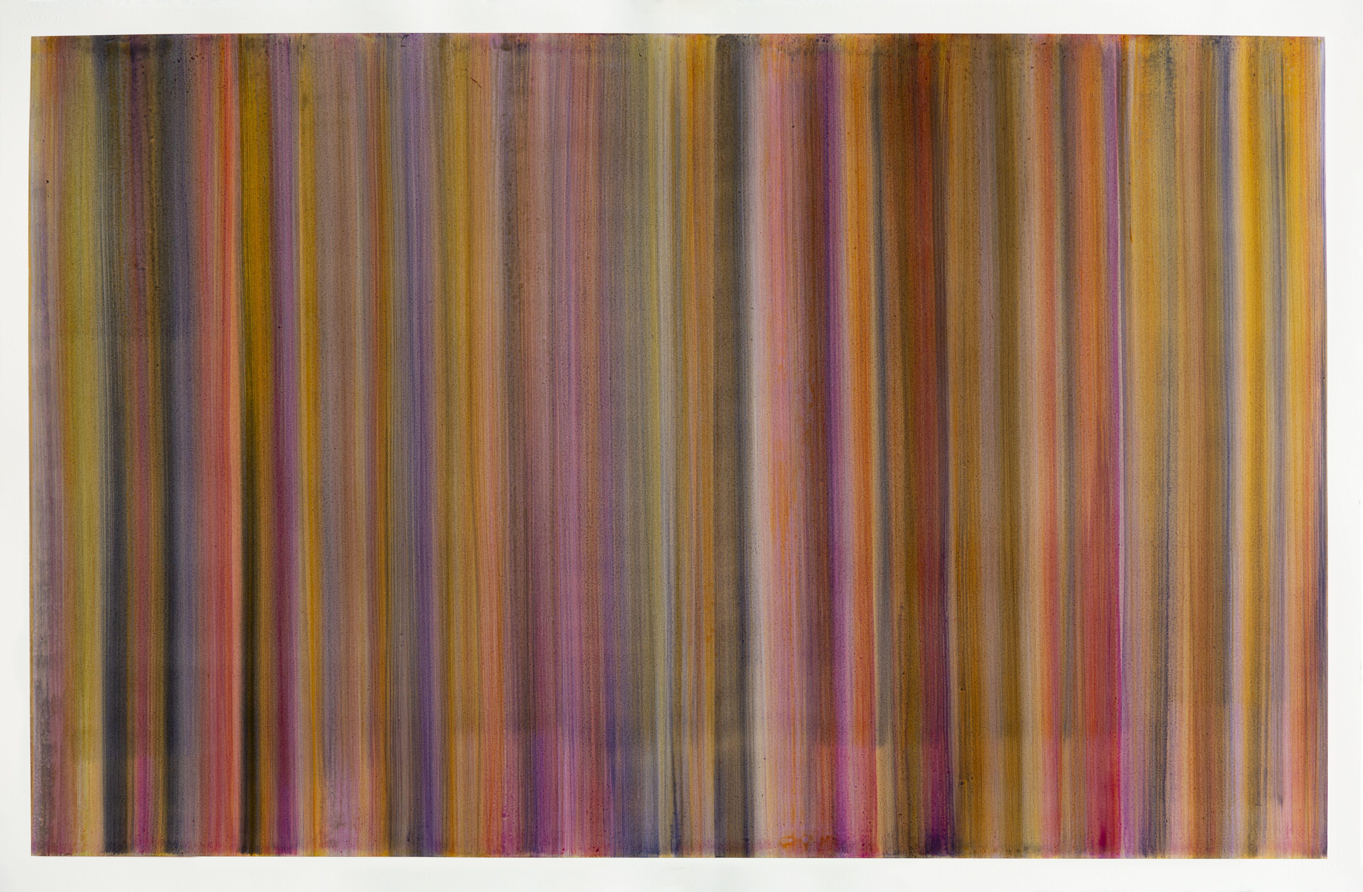 All this series is about how the colour floods the upper space of the support, the line becomes a pure chromatic manifestation, it ceases to be the object to become a medium. The lower white field balances the outburst of colour and the white lines