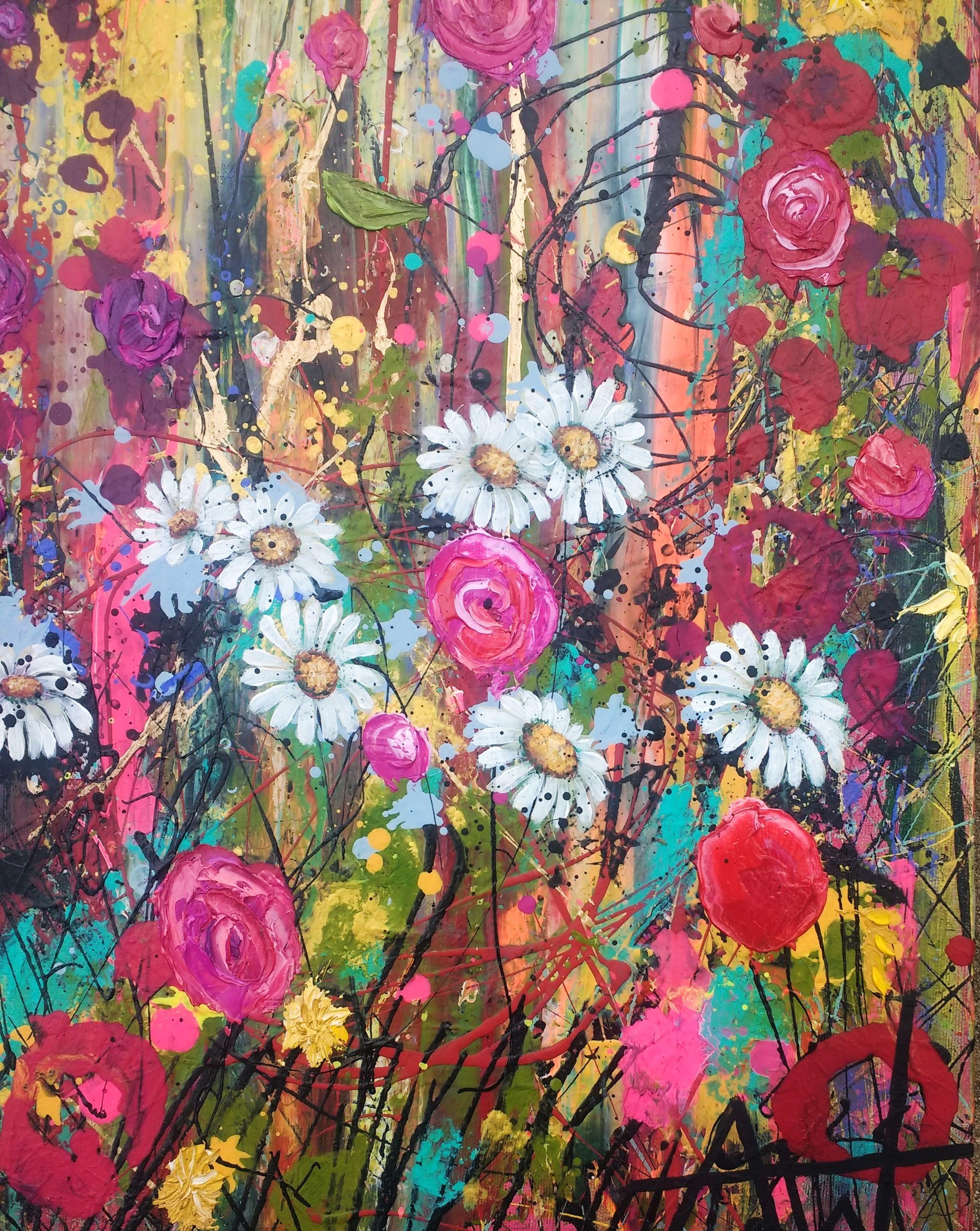 Harlequin, oil, acrylic and enamel on canvas,  100 x 120 x 3 cm  Harlequin, a feast of colour.  Exuberance abounds. A bounty of somersaulting flowers and chaotic vines. A wild and feral beauty. The Harlequin promises all is not as it seems. Delicate