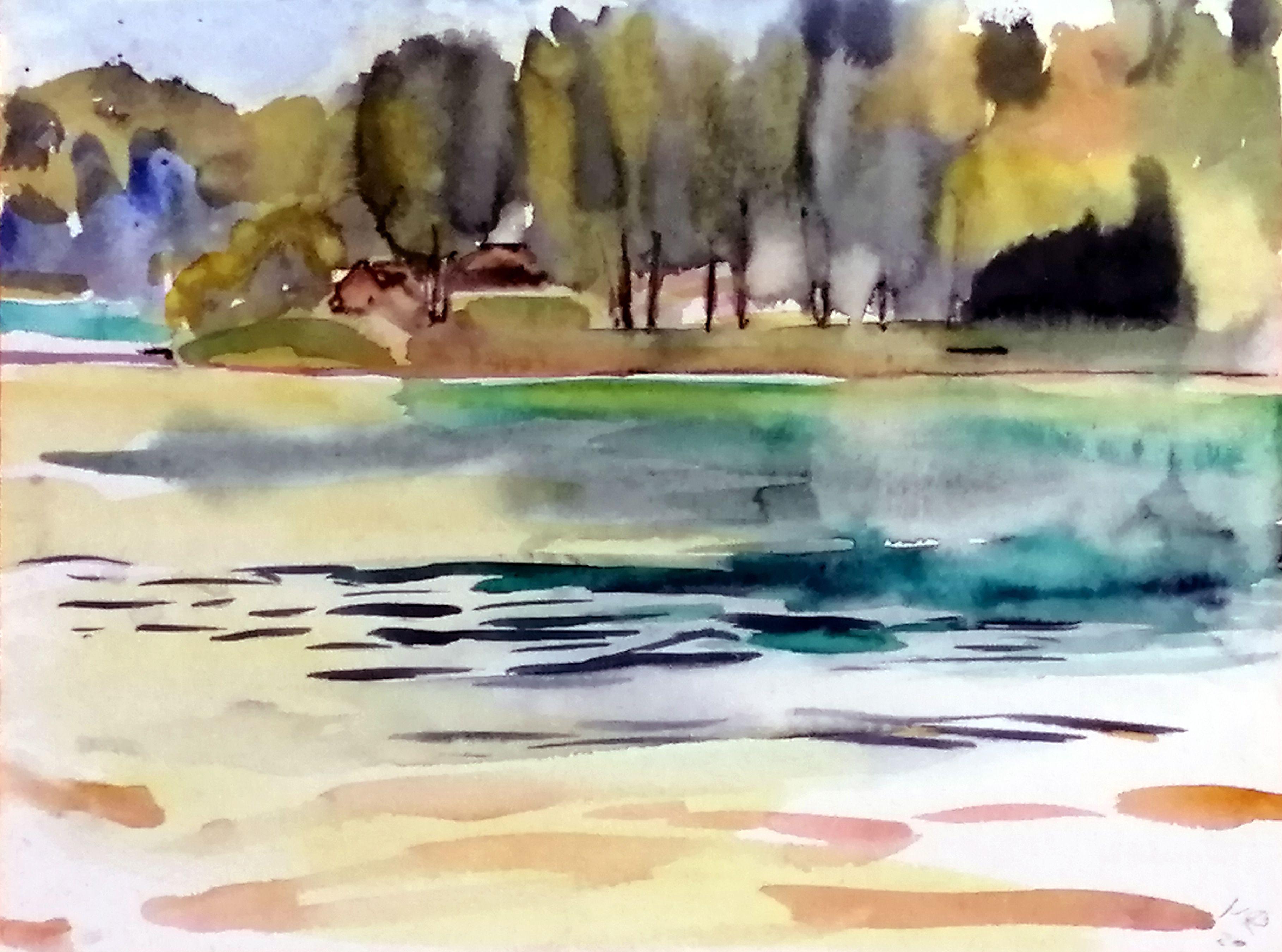 Summerday at Lake of Liepnitz near Berlin, Painting, Watercolor on Watercolor Pa - Art by Marko Fenske