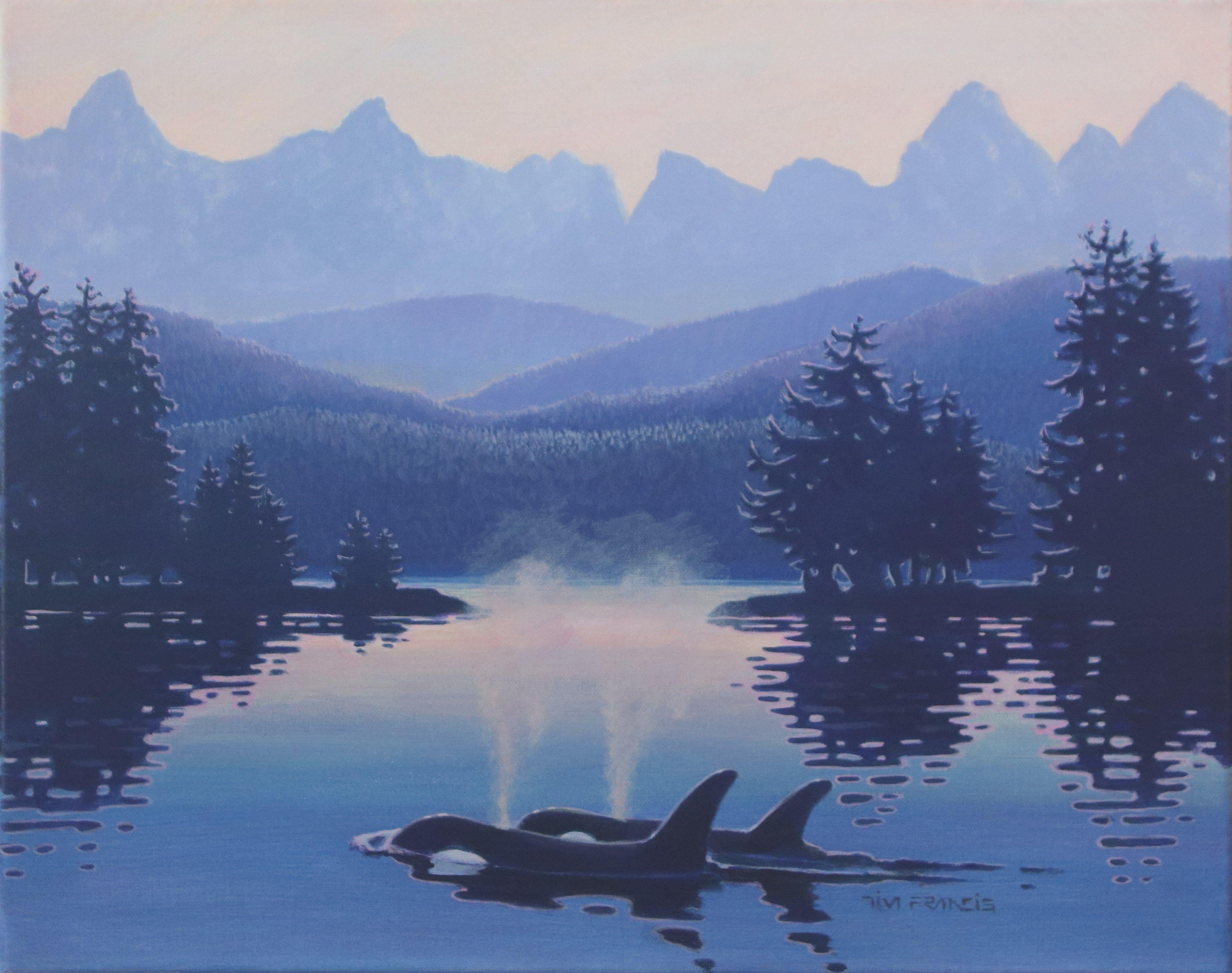 Just three colors were employed, (yellow, blue and violet) in the creation of this acrylic piece where a pair of Orcas cruise the Salish Sea. BC's Coastal Range supplies the background :: Painting :: Romanticism :: This piece comes with an official