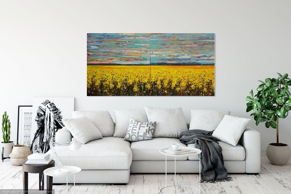 Arcadia, acrylic and enamel on canvas, 200 x 100 x 2 cm on two panels each measuring 100 x 100 x 2cm   ArcadiaΓÇªthose chosen by gods  reside in splendour  in Arcadia. Endless skies and endless fields, bring me calm, bring me peace. From Arcadia I