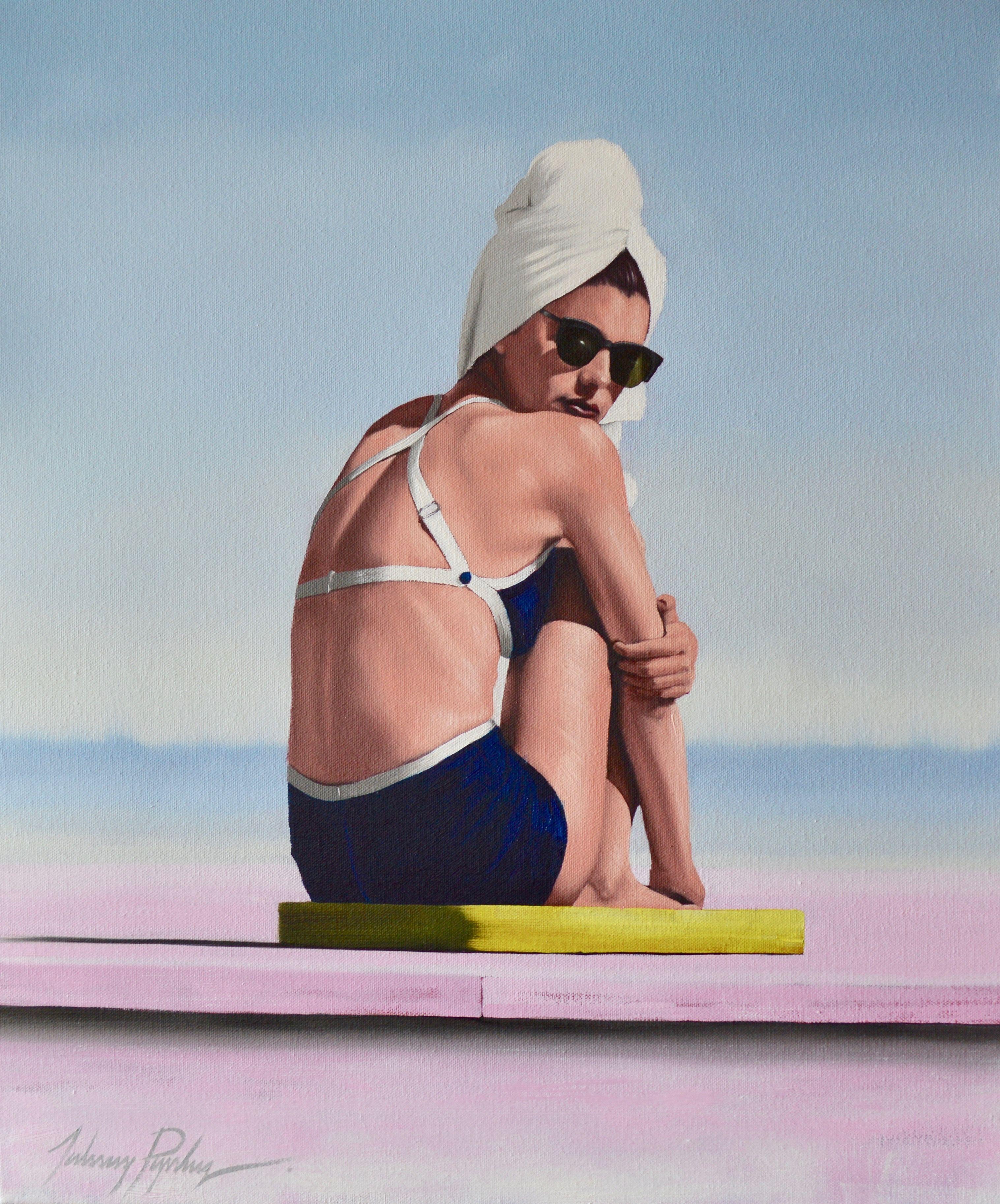 A bather sits with her back slightly to the viewer, looking back over her shoulder. She is next to a luminous life preserver, her head draped in a white beach towel. Painted on a fine-textured, professionally stretched canvas using Michael Harding