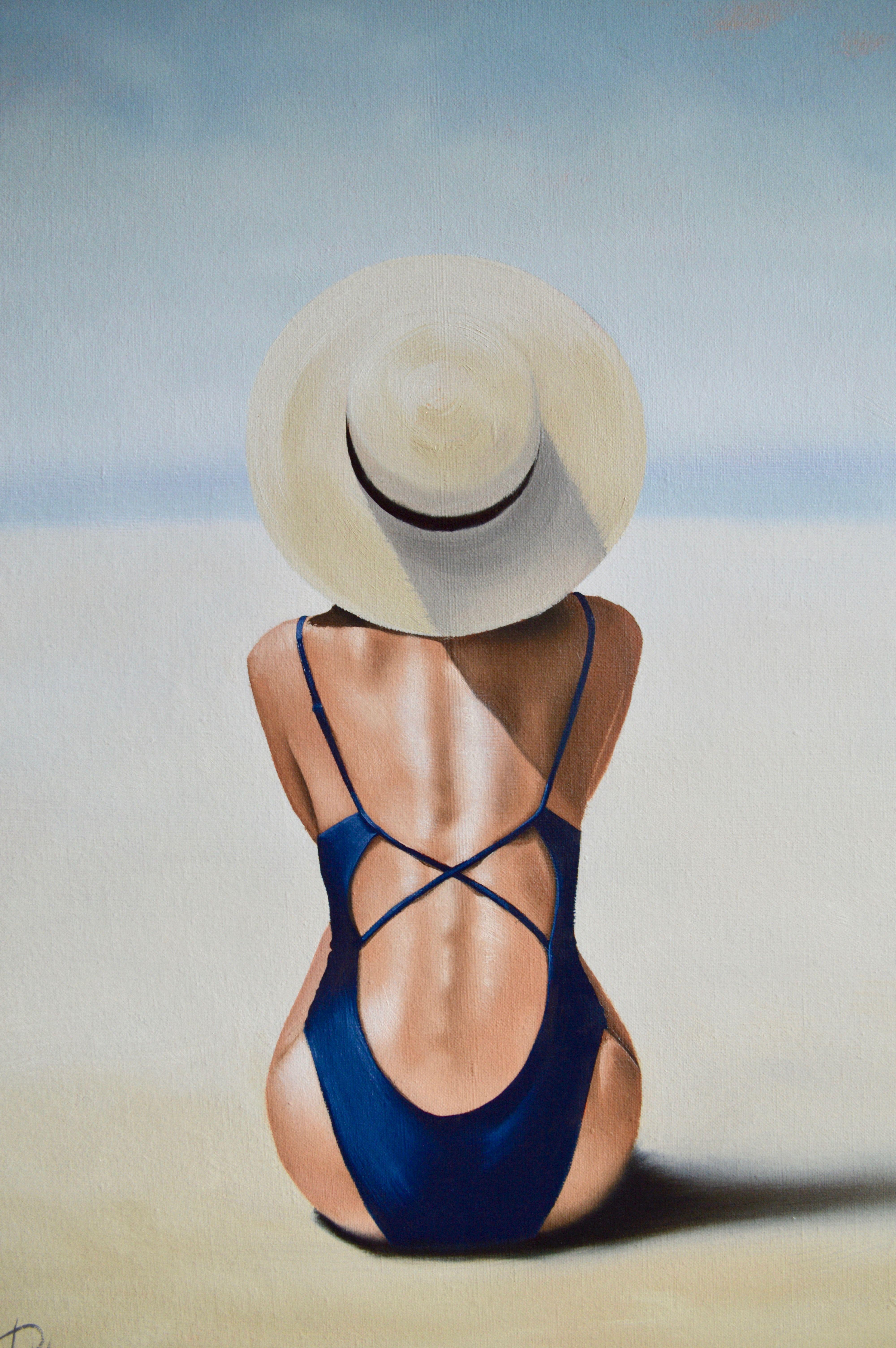 A bather sits on a beach, her skin pale and un-tanned, her straw hat in pristine condition. Ideal when partnered as a diptych with 'Last day of Summer'. Painted on a fine textured, professionally stretched canvas, using Michael Harding artist