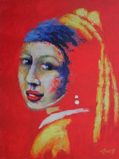 Mädchen mit einem Perlenohrring - Rotes Porträt 2, Gemälde, Acryl auf Leinwand