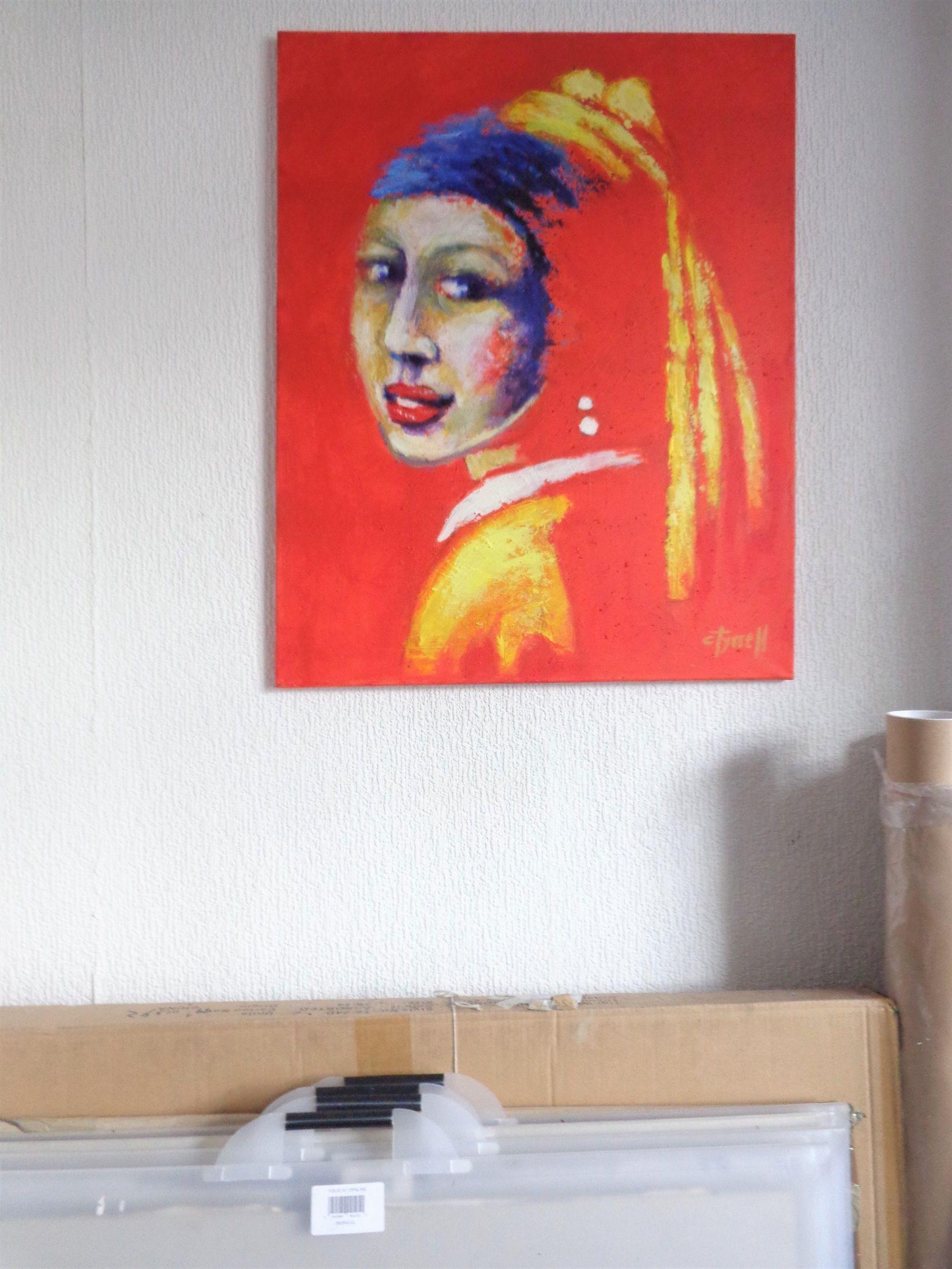 Reworked. Original contemporary figurative acrylics painting on canvas, painted edges and ready to hang. Frame is optional. A semi-abstract portrait of a sensual young woman.  My interpretation inspired by Vermeer painting, 