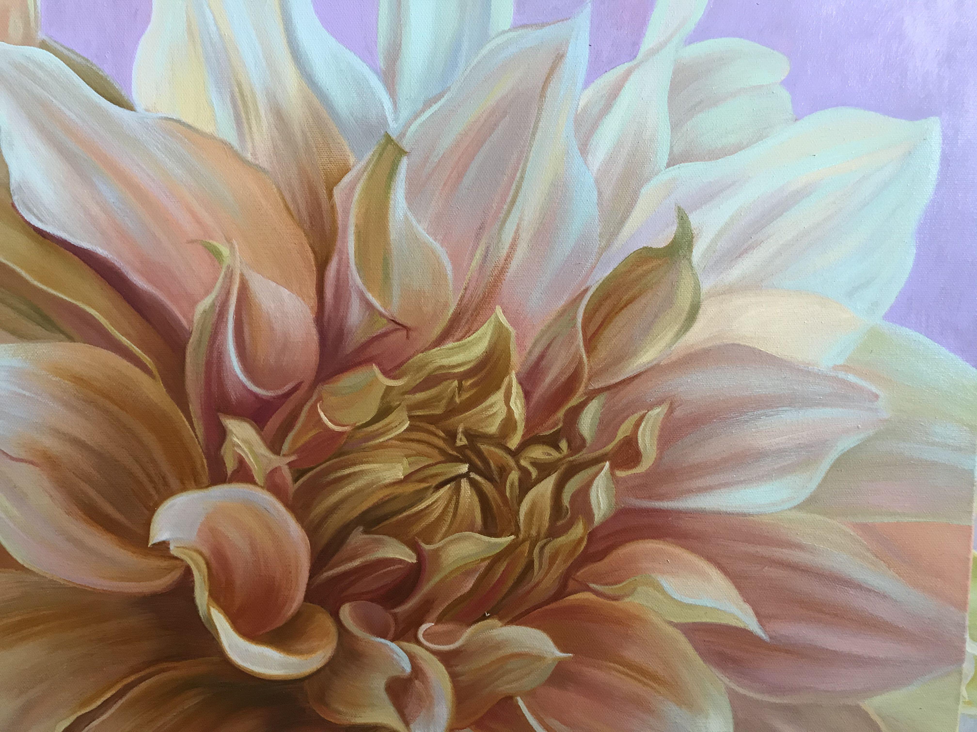 Dahlias cafe o light. Seeing dahlias in coffee beige color, I just fell in love with this color. I made the background in a soft lilac color that matches the tone of the flowers. This picture is perfect for any interior. Unfortunately, my camera