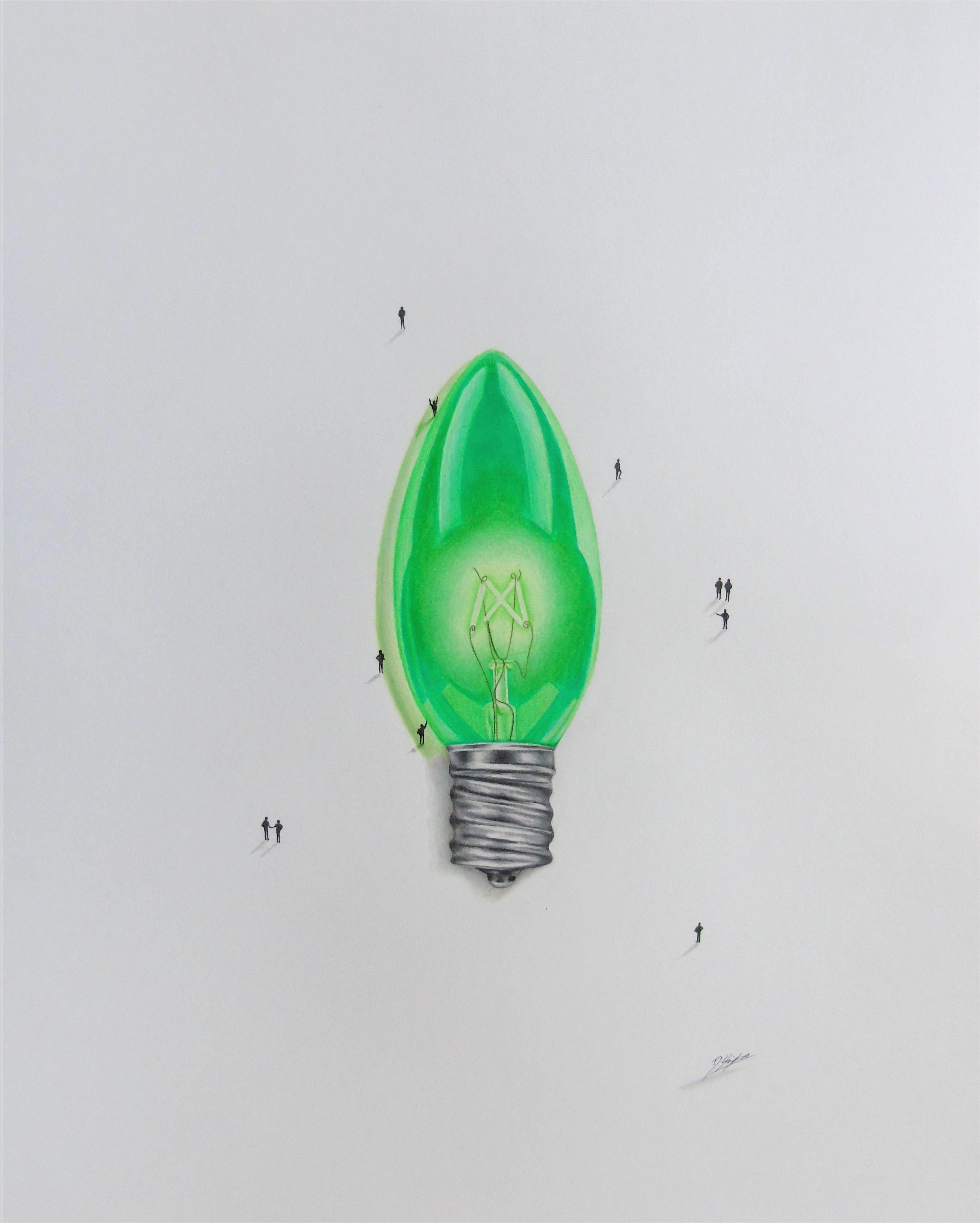 Green Lightbulb, Drawing, Pencil/Colored Pencil on Paper - Art by Daniel Shipton