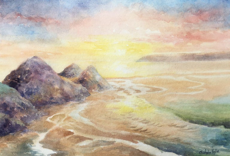 Three Cliffs Sunset. The Gower, Painting, Watercolor on Watercolor Paper - Art by Christopher Hughes