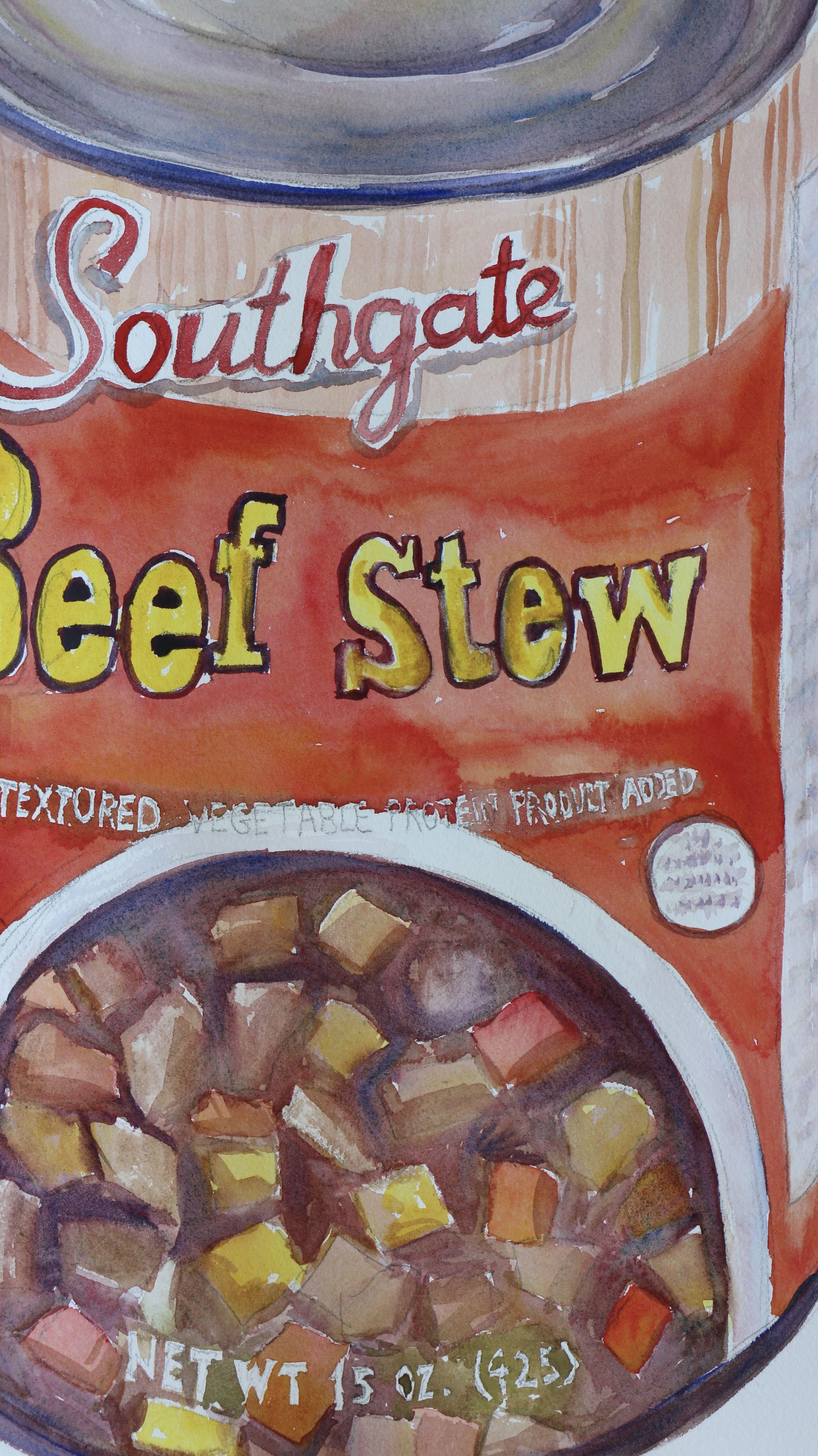 Still life of a can of beef stew. Watercolor on Arches cold pressed 140 lb watercolor paper. :: Painting :: Pop-Art :: This piece comes with an official certificate of authenticity signed by the artist :: Ready to Hang: No :: Signed: Yes ::