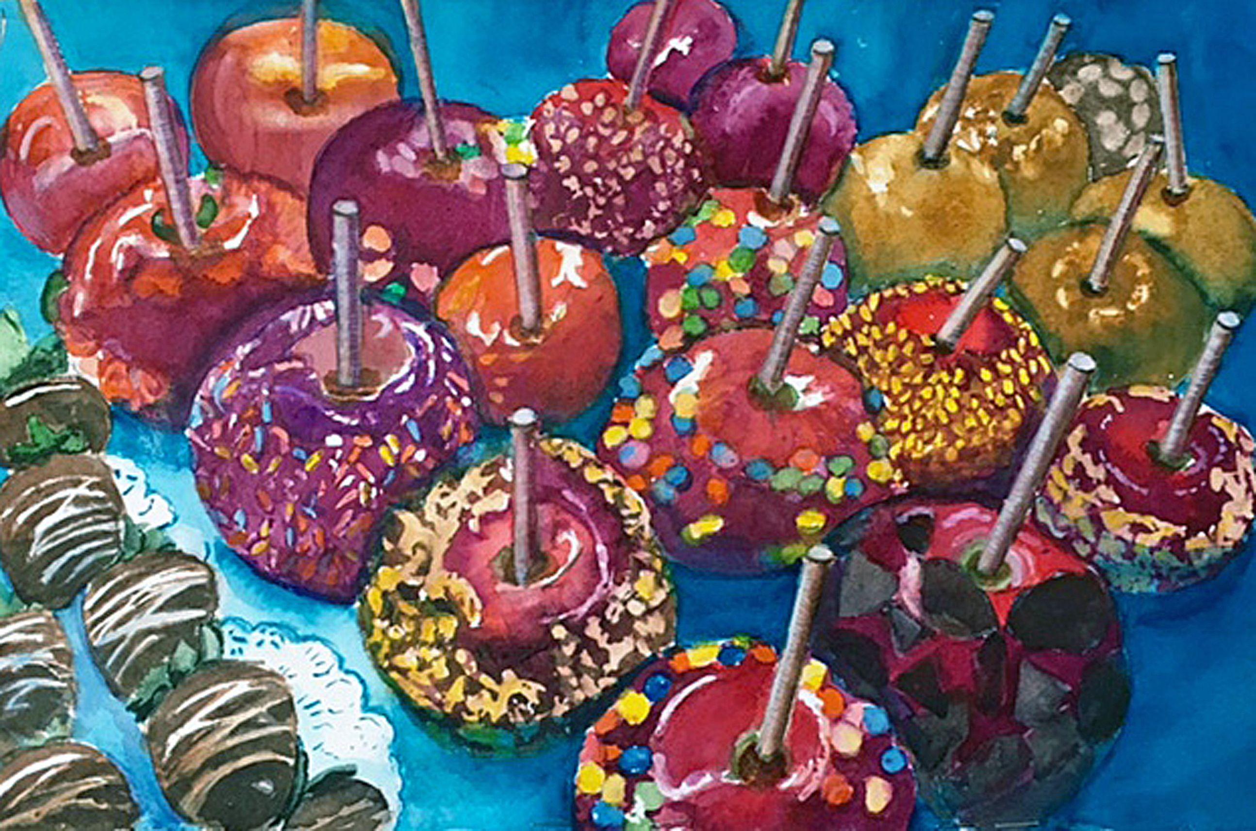 Candy Crush Caramel Apples, Painting, Watercolor on Watercolor Paper - Art by Lynne Atwood