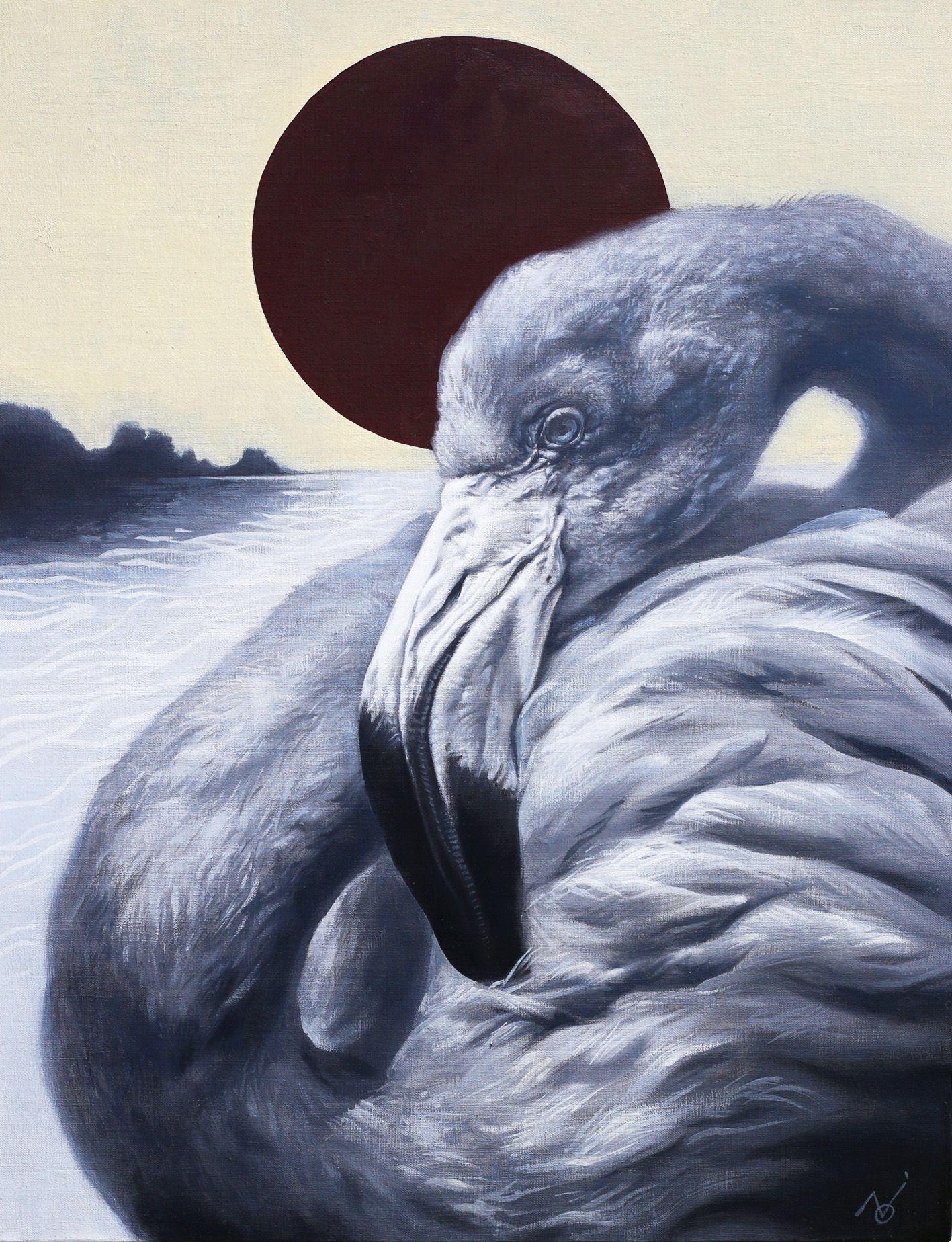 The Moment - Flamingo, peinture, huile sur toile - Painting de Yuko Montgomery