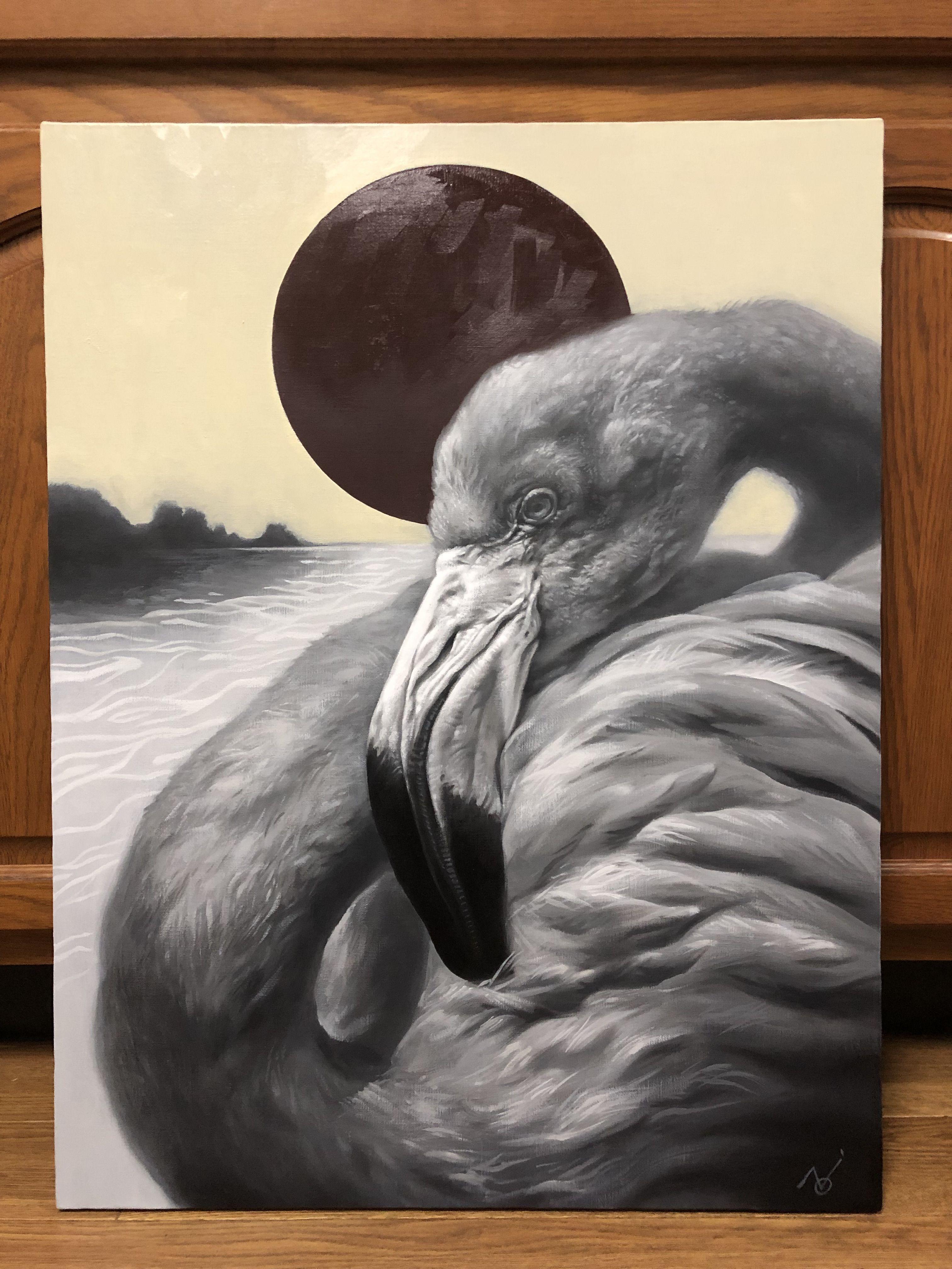 The Moment - Flamingo, peinture, huile sur toile - Réalisme Painting par Yuko Montgomery