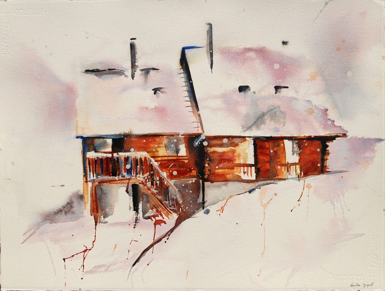 Watercolor of a mountain chalet under the snow., Painting, Watercolor on Paper - Art by Christine Jacquel