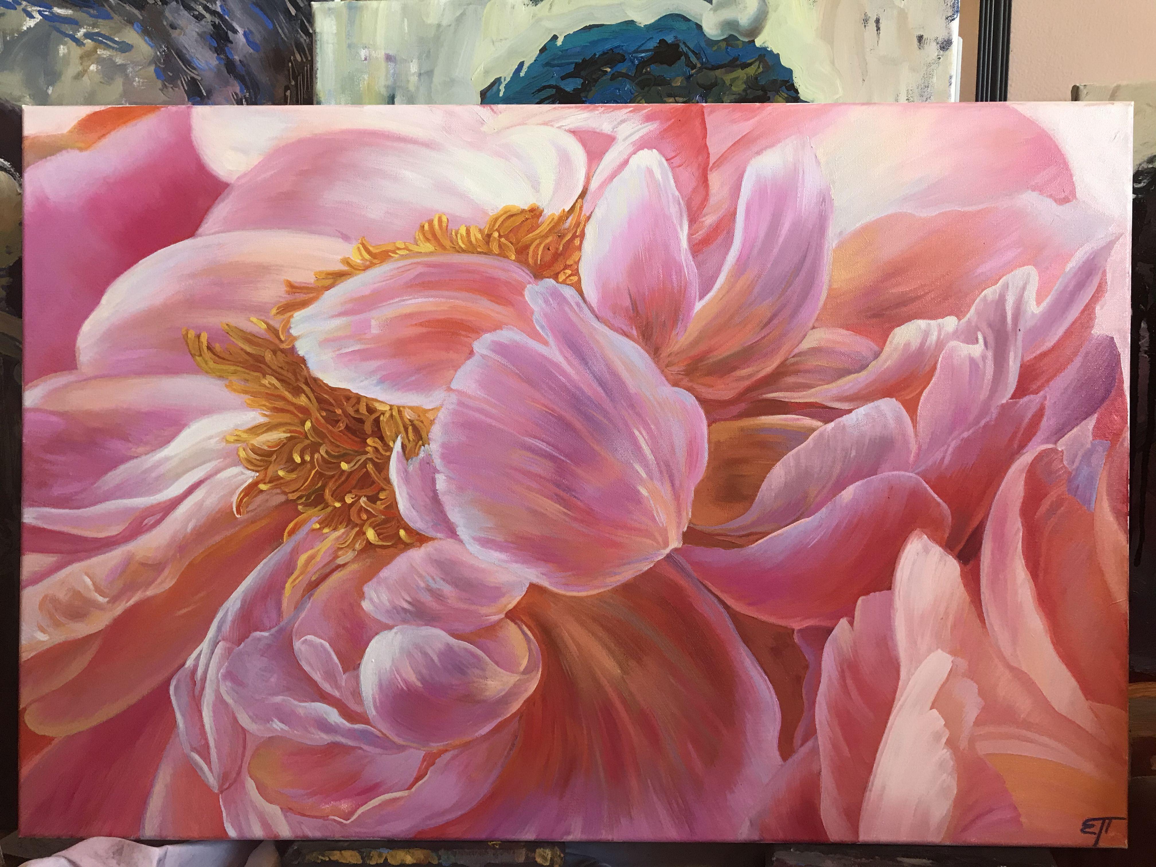 Red peonies. The year of creation is 2020 . Upon delivery, the painting will be Packed in solid panels and bubble wrap. :: Painting :: Modern :: This piece comes with an official certificate of authenticity signed by the artist :: Ready to Hang: Yes