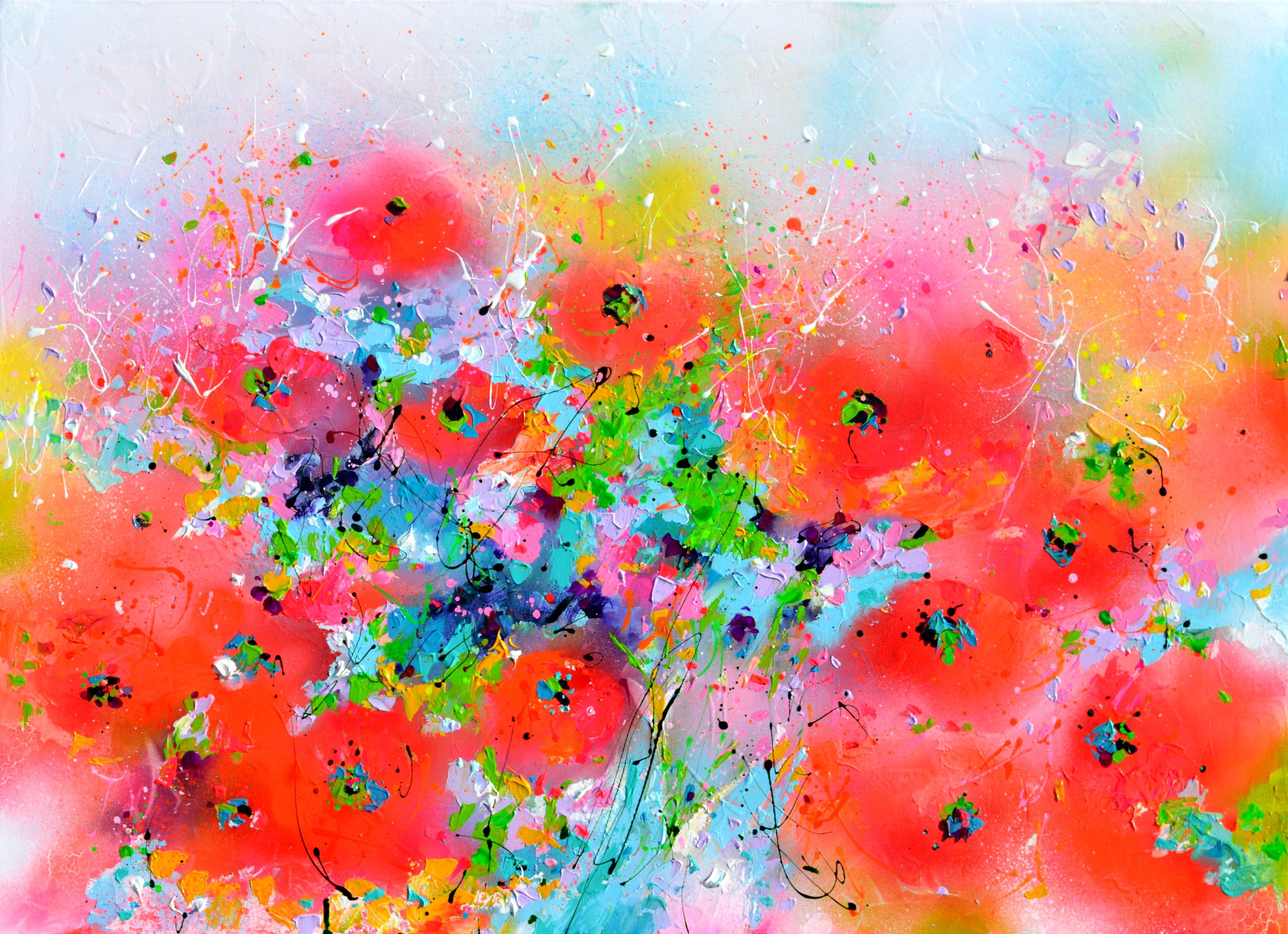 Rich and vibrant flowery sceneries that fulfils my passion for flowers, fields and gardens, that comes in the second place after painting. I am creating this colorful, contrasted and spontaneous blooming paintings by ovelapping layers of acrylics