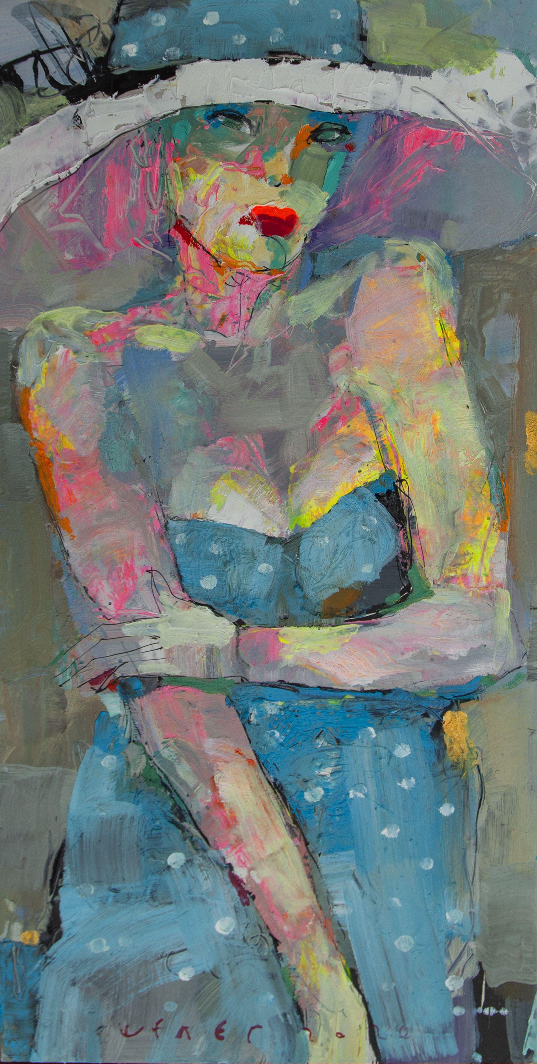 Abito a pois blu, Pittura, Olio su carta - Painting di Victor Sheleg